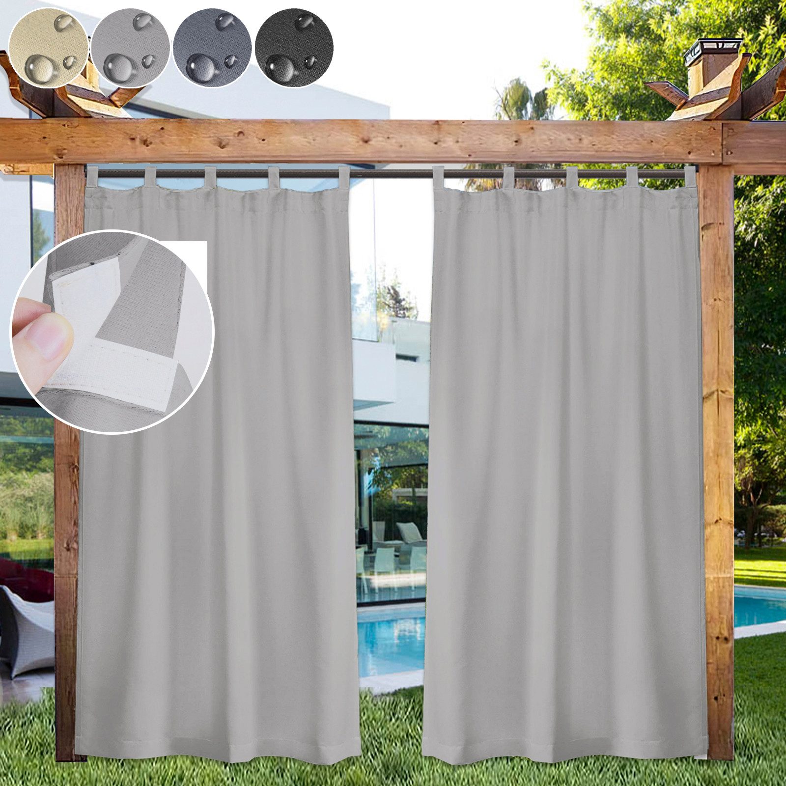 Lapamax Outdoorvorhang Wasserfest Sonnenschutz Winddicht Gardine mit Klettband, 1/2 Stück (4 St), Schlaufen, Polyester, UV-Schutz Outdoor gardinen, für Balkon Terrasse Pergola Pavillon