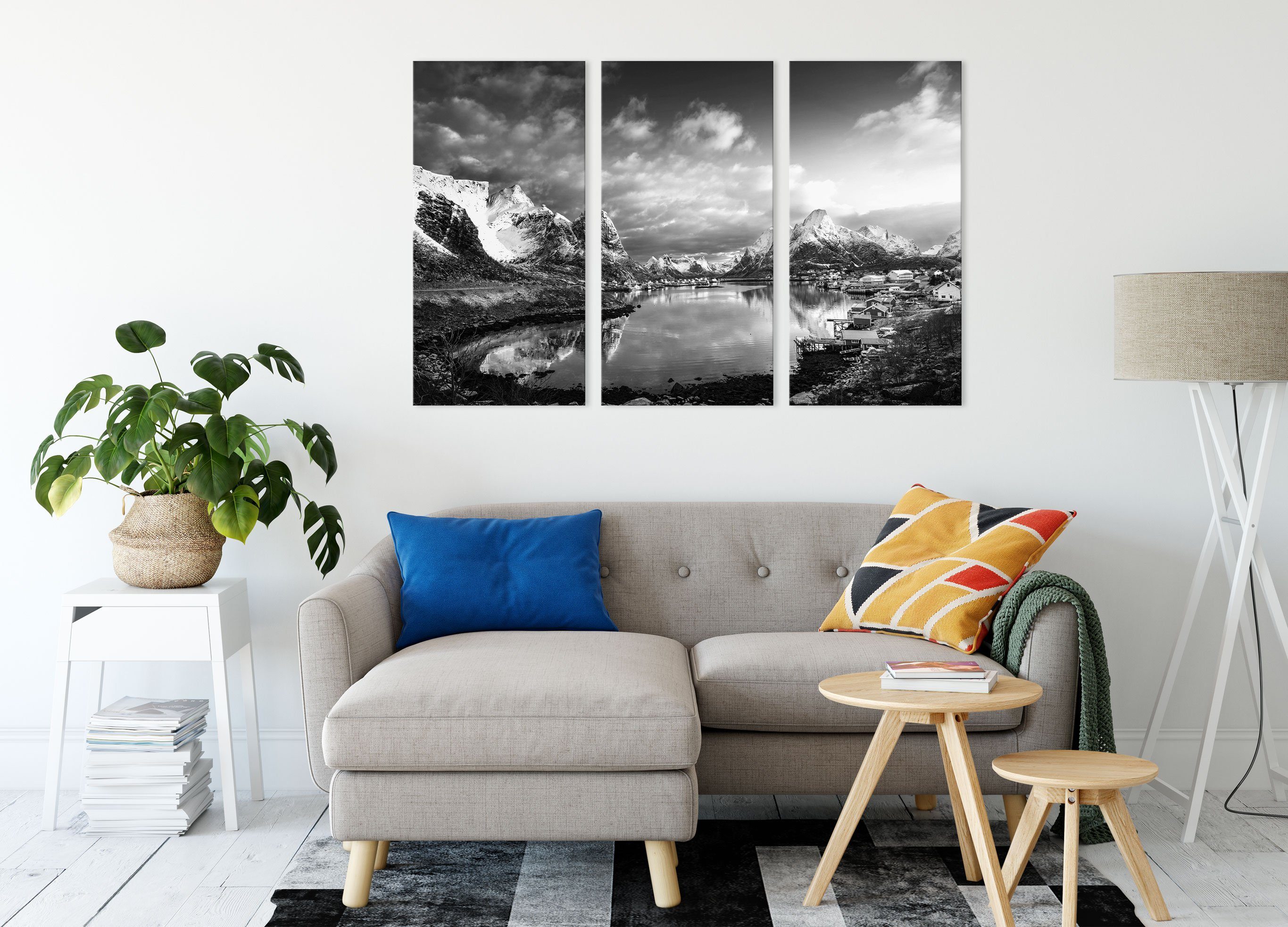 fertig Norwegen inkl. Zackenaufhänger Norwegen, in Schneelandschaft St), bespannt, (1 (120x80cm) Schneelandschaft Pixxprint Leinwandbild 3Teiler in Leinwandbild