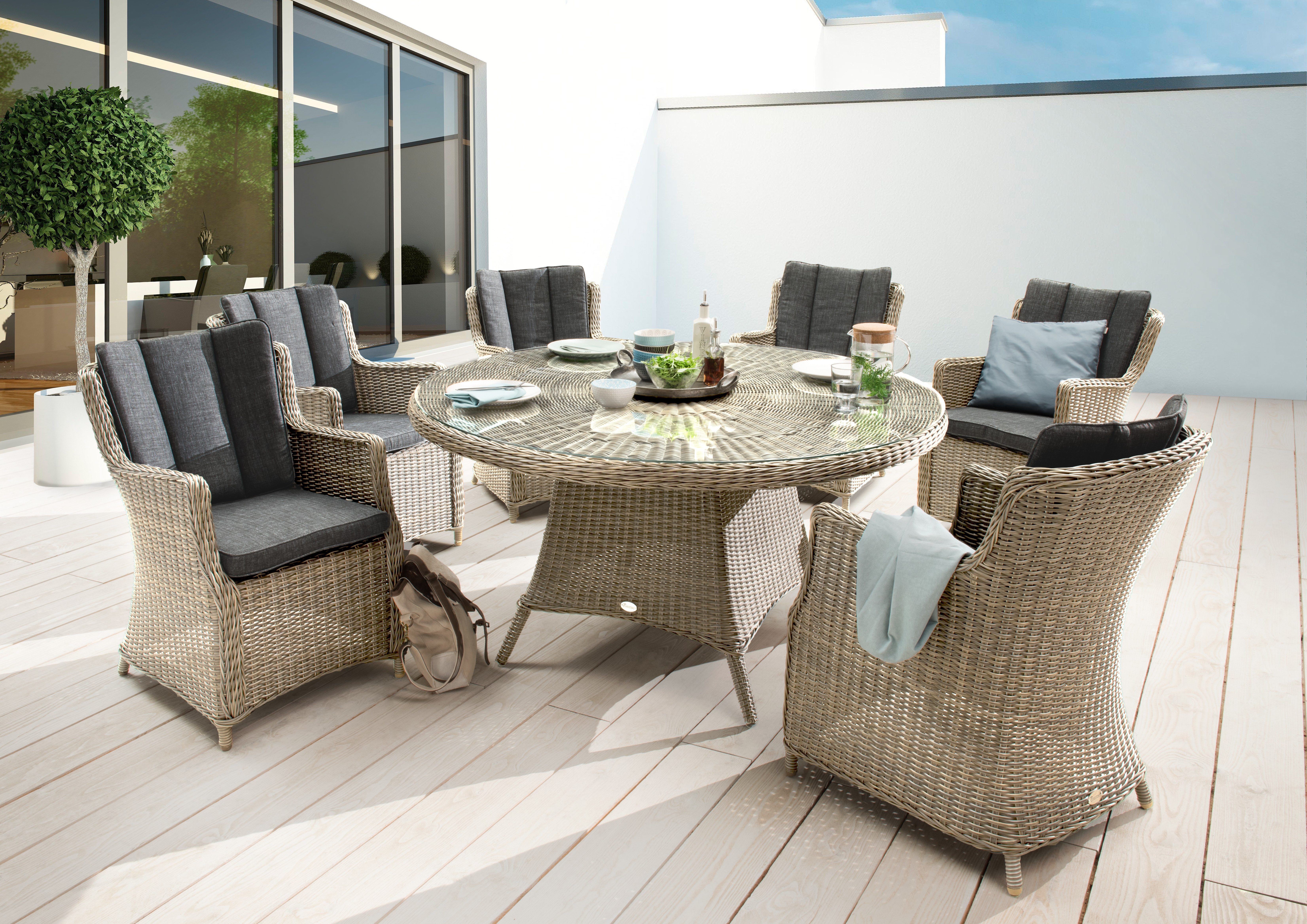 Destiny Sitzgruppe LUNA, Esstisch Ø150cm mit 6 Креслаn inkl. Polster, Polyrattan + Aluminium