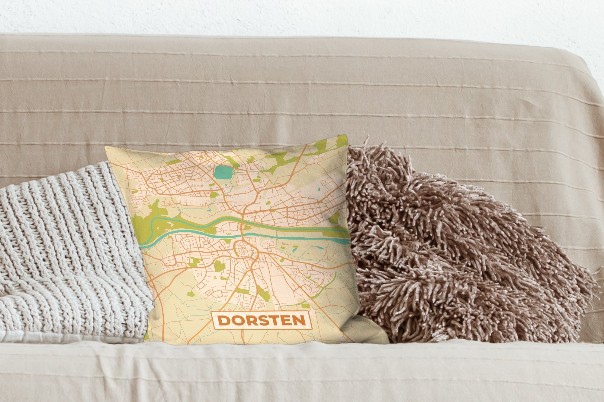 Stadtplan Karte für Sofakissen Dorsten - Wohzimmer, mit - Zierkissen - Deko, Dekokissen Schlafzimmer, MuchoWow Vintage, Füllung