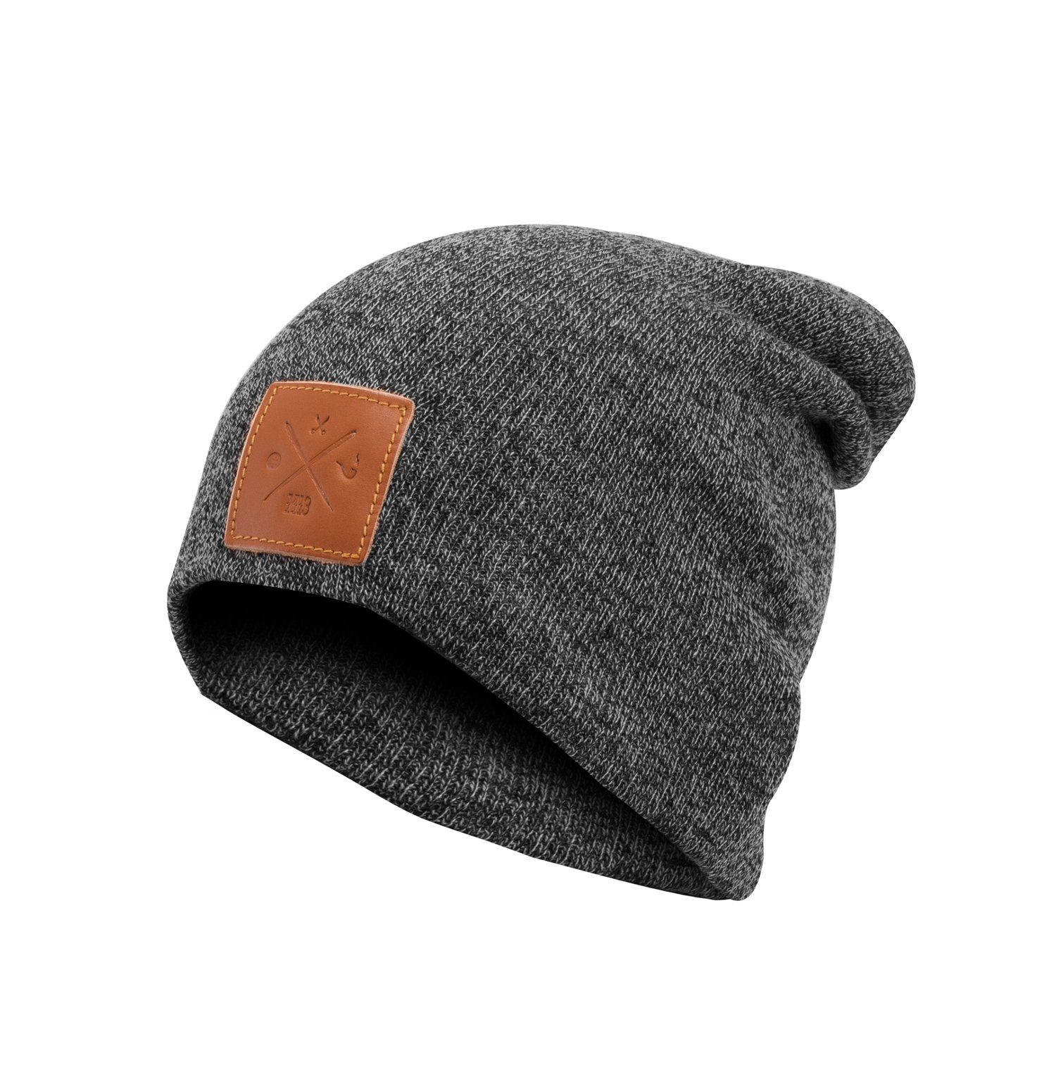 Manufaktur13 Beanie Slouch Beanie - Long Beanie, Mütze, lang, Strickmütze mit Echt-Leder/Stick Veredelung Asphalt