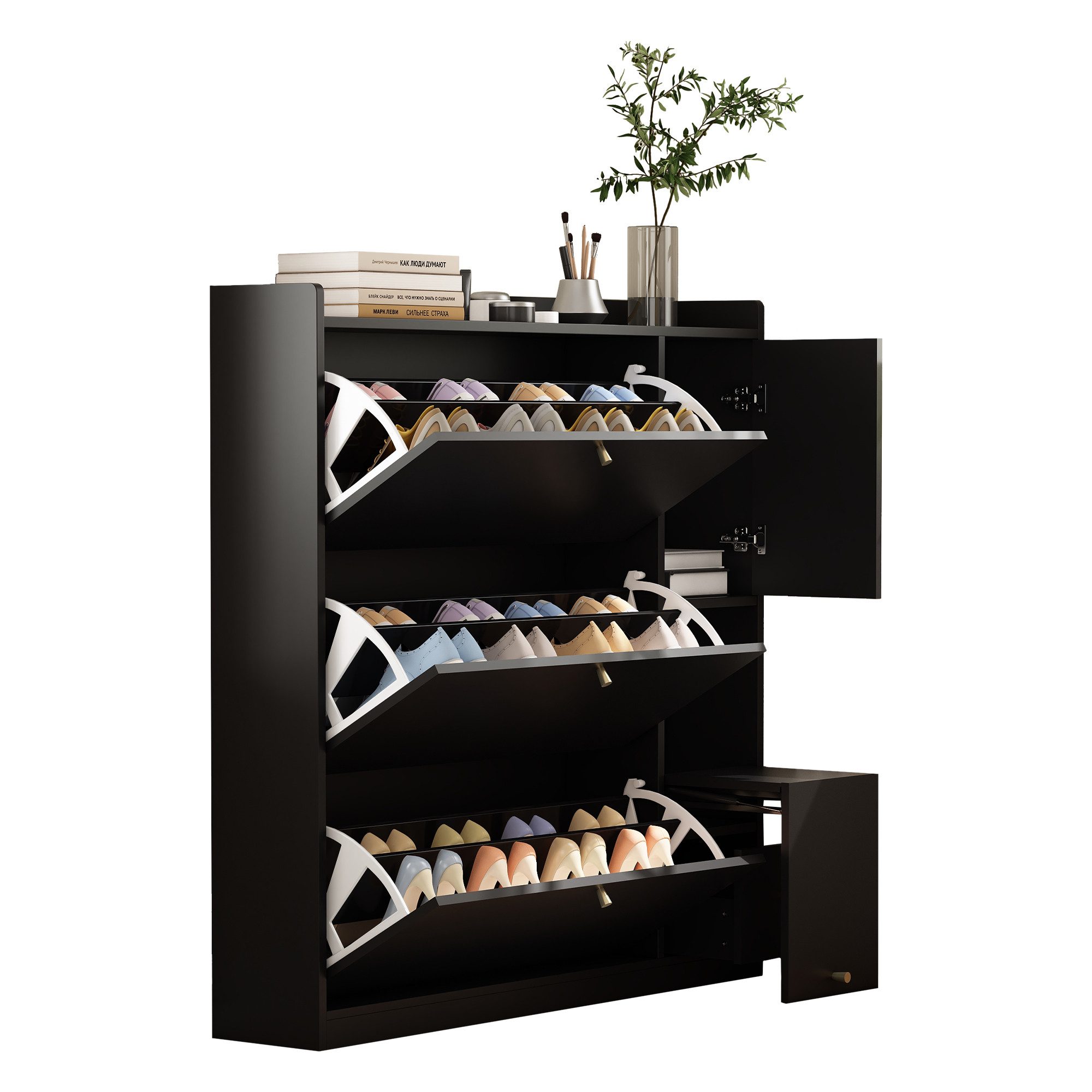 MODFU Schuhschrank mit 3 Klappschubladen (mit herunterklappbarer Sitzbank, Stauraum-Organizer für Flur,Modernes Design., 1-St., B119/D24/H122 cm) Mit Kippsicherung