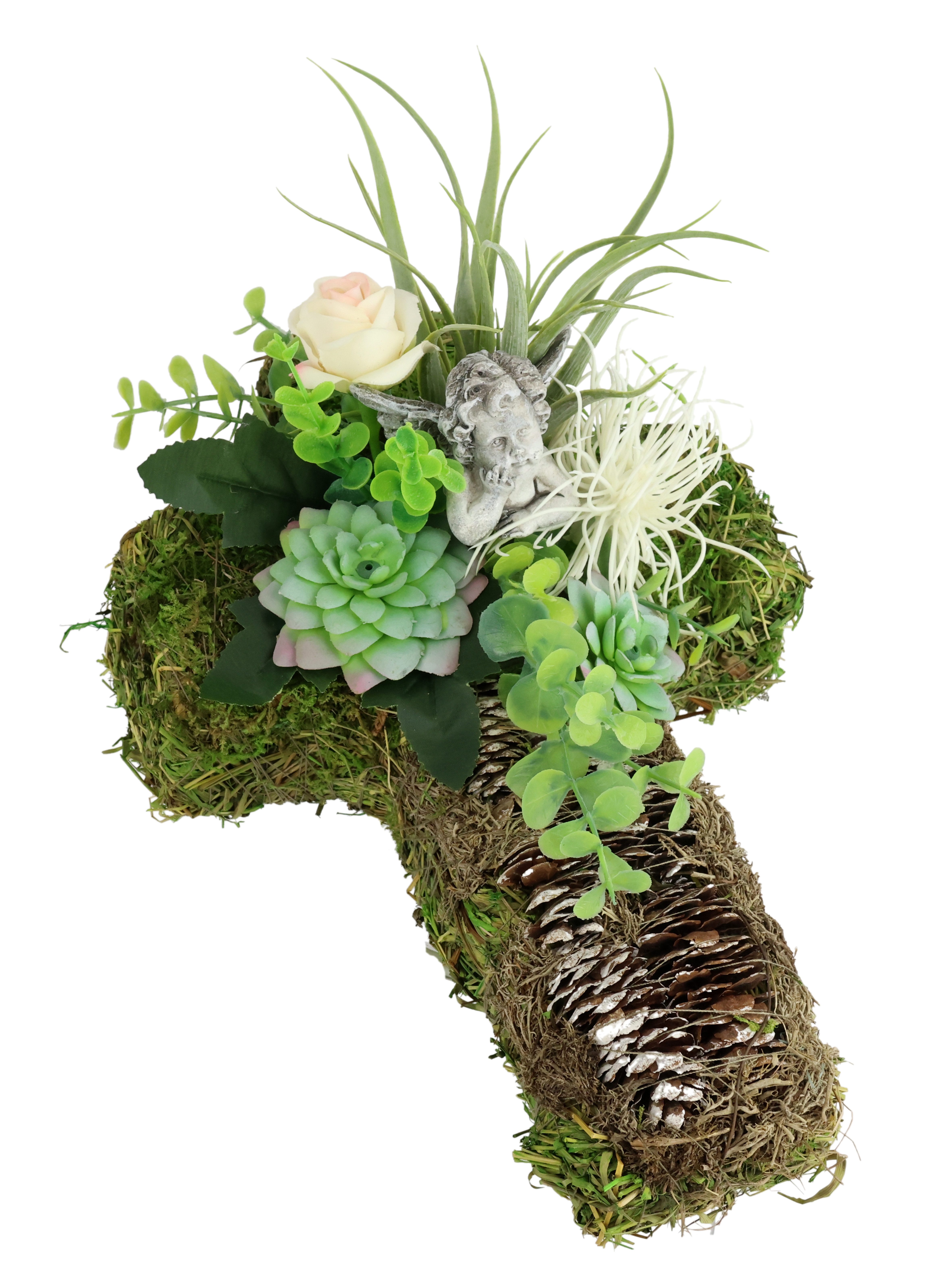 Kunstblume Kunstpflanzen-Gesteck aus Sukkulenten und Rose mit Engel auf Kreuz, OTTO home, Höhe 15 cm, Dekogesteck in Kreuzform mit Engel und Kunstpflanzen
