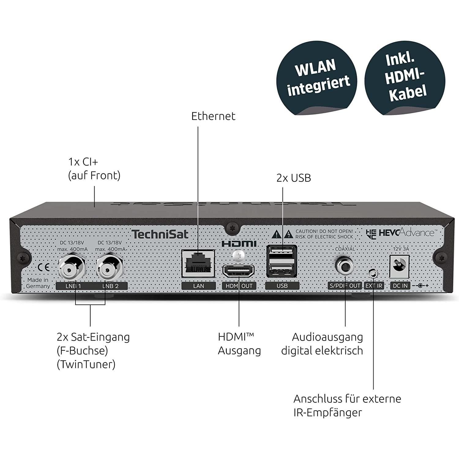 Digiplus TechniSat CI) HbbTV, Sat-Twinreceiver und über Mediatheken, Zugriff WLAN DVR Pay-TV-fähig (Wi-Fi), 4K CI+ Satellitenreceiver Aufnahmefunktion (Ethernet), (LAN auf UHD ISIO-Apps S