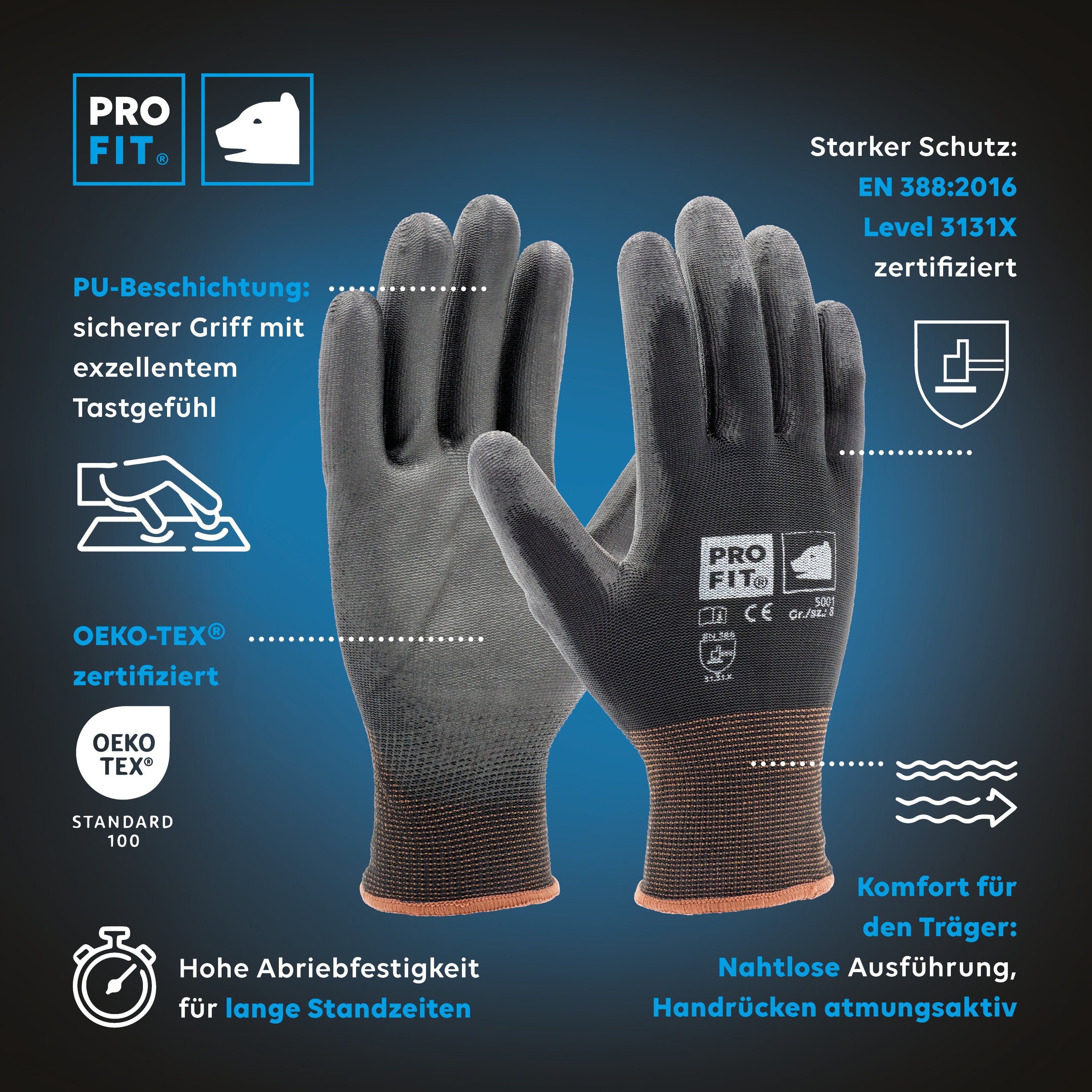 Fitzner Paar) Nahtlos, Tragekomfort, PRO Arbeitshandschuhe, Mechaniker-Handschuhe Sicherer by (12, FIT Griff PU-Handschuh, Atmungsaktiv,