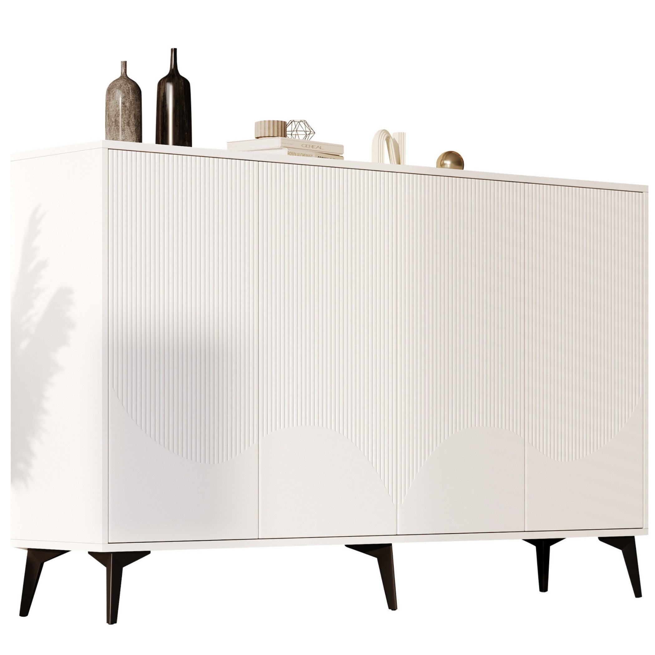 SeedWave Sideboard Geschnitzter Vielseitiger Schrank, Side Board mit 4 grifflose Türen, Grifflose Türen mit Rückprallaufstellung, Metallfüßen