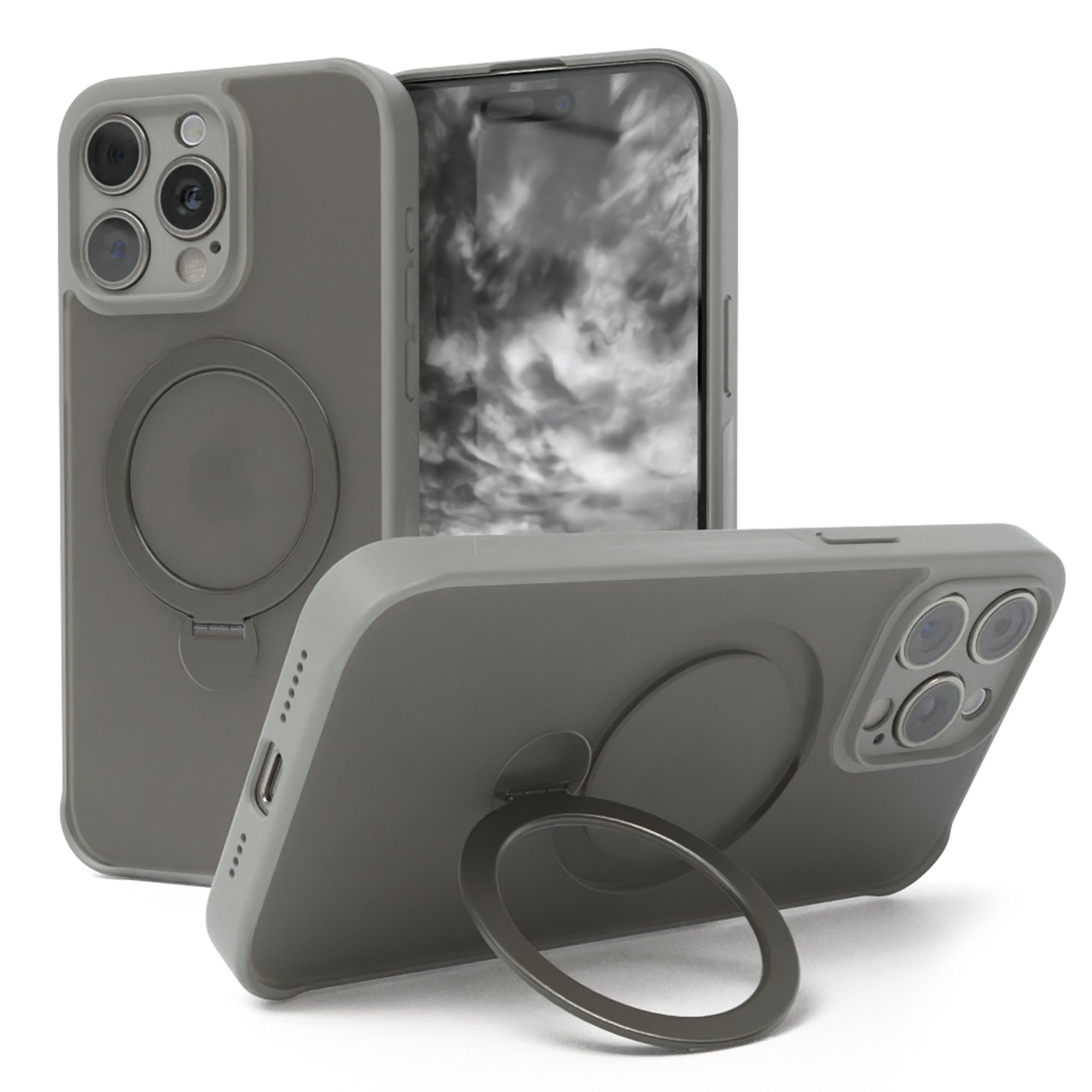 EAZY CASE Handyhülle Outdoor iPhone 15 Pro Max Case MagSafe Ring 6,7 Zoll, Slim Cover Handyhülle stoßfest Silikon Case Outdoorcase kratzfest Grau
