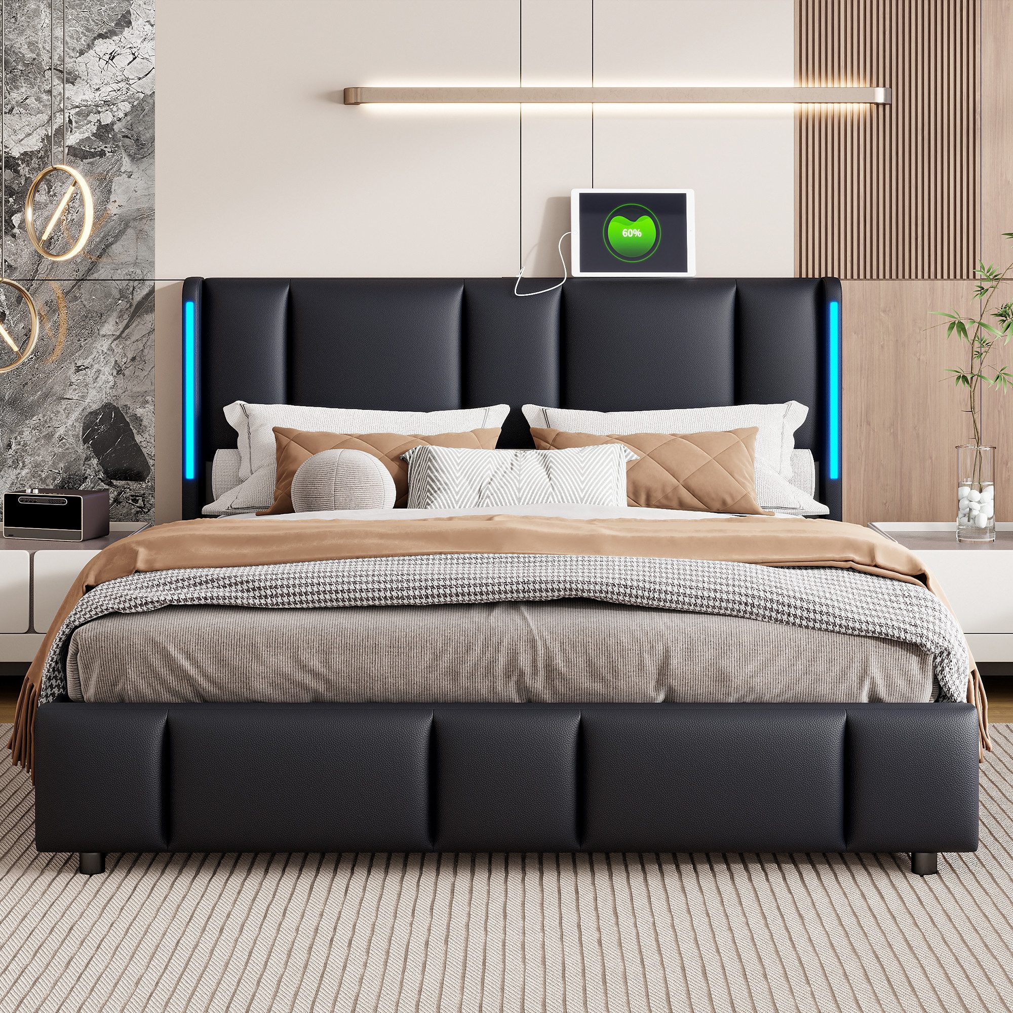 FUROKOY Stauraumbett Polsterbett Doppelbett mit LED-Beleuchtung günstig online kaufen