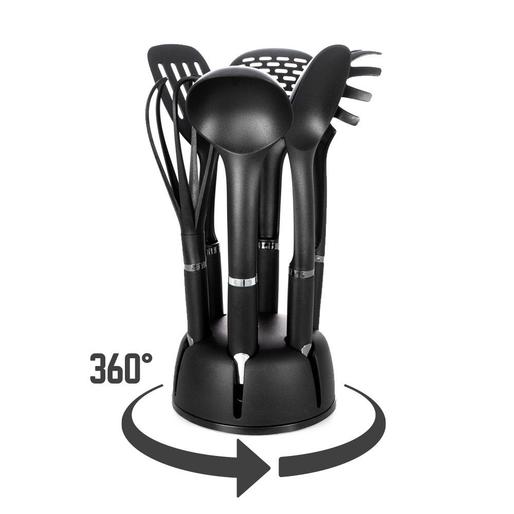 BEM Kochbesteck-Set Küchenhelfer 6-tlg. Set mit drehbarem Standhalter (Küchenset mit Pfannenwender Suppenkelle Spaghettilöffel, Nudellöffel Schneebesen Servierl – Bild 2 von 5