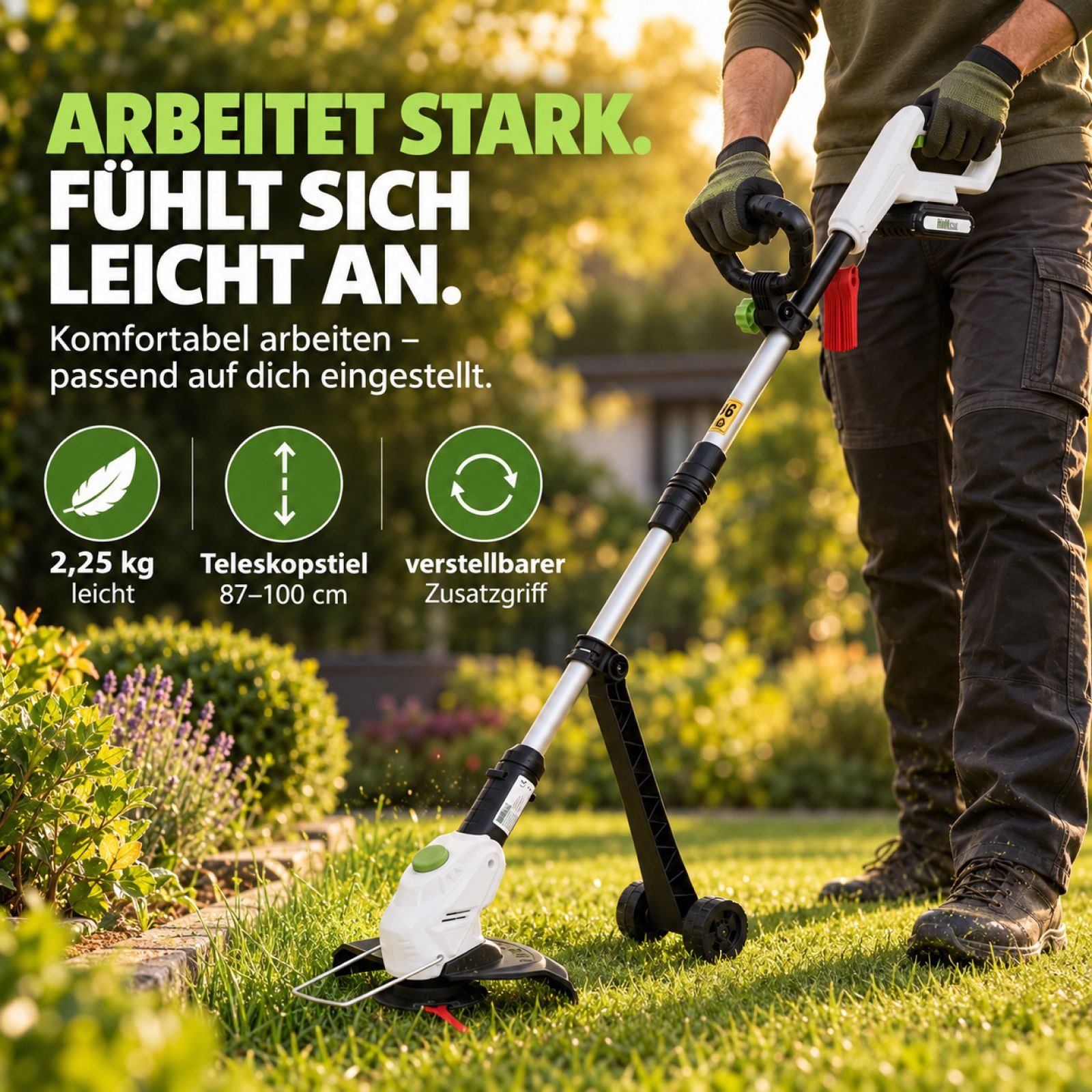 TRUTZHOLM Akku-Rasentrimmer 20 V 2,0 Ah Akku & Ladegerät Schnittkreis 26 cm inkl. 20x Nylonmesser, 26 cm Arbeitsbreite Messer, (Komplett-Set, Inkl. Akku und Lad – Bild 5 von 5