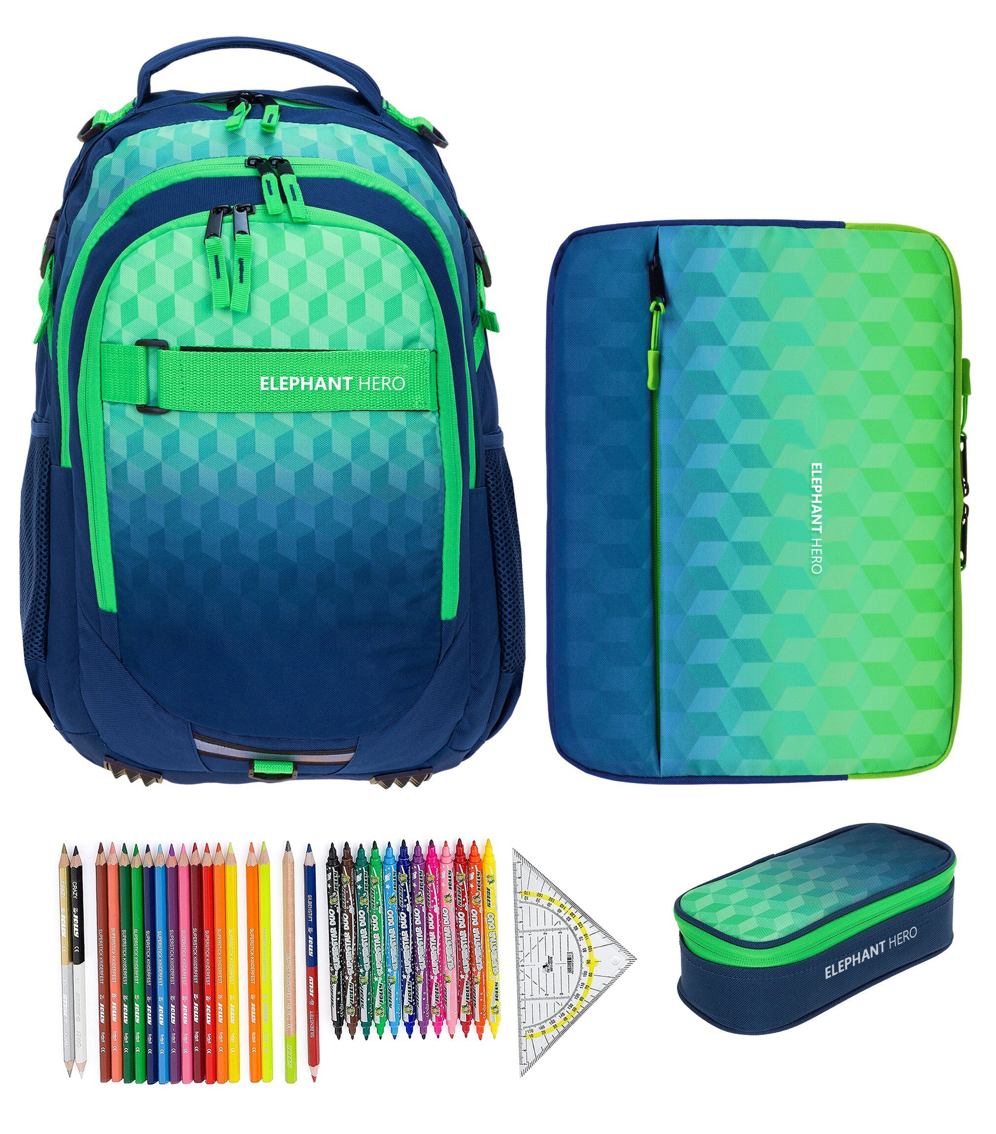 ELEPHANT Schulrucksack Hero Signature Schultasche Digital Ready Set (4 Teile Schulrucksackset, 4-tlg., inkl. Mäppchen Box + Laptop Hülle Sleeve + 31 Teile Stifte), Rucksack Schulmappe Jungen Mädchen +rmlv