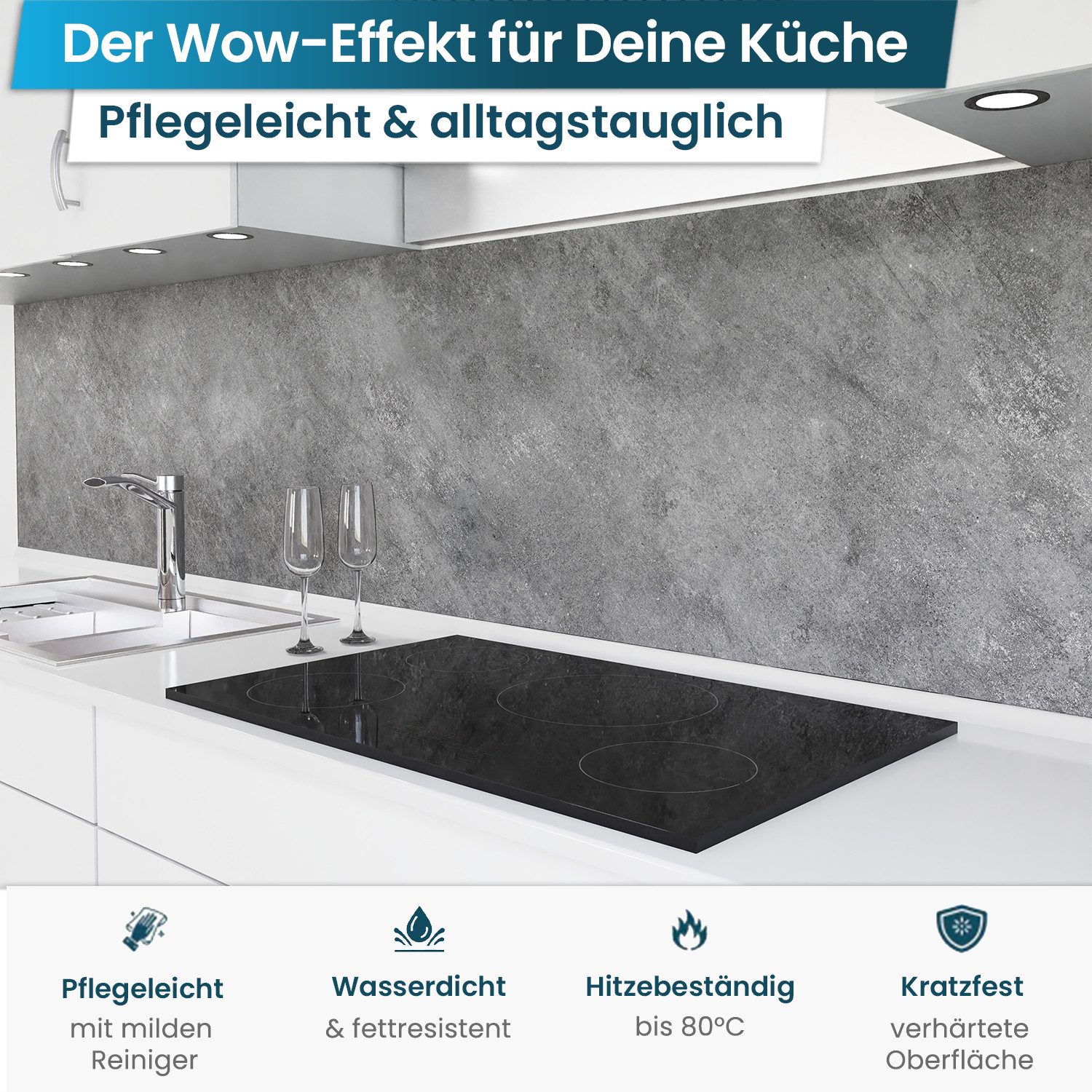 danario Küchenrückwand Folie selbstklebend - Matt - Spritzschutz Küche - versteift & robust
