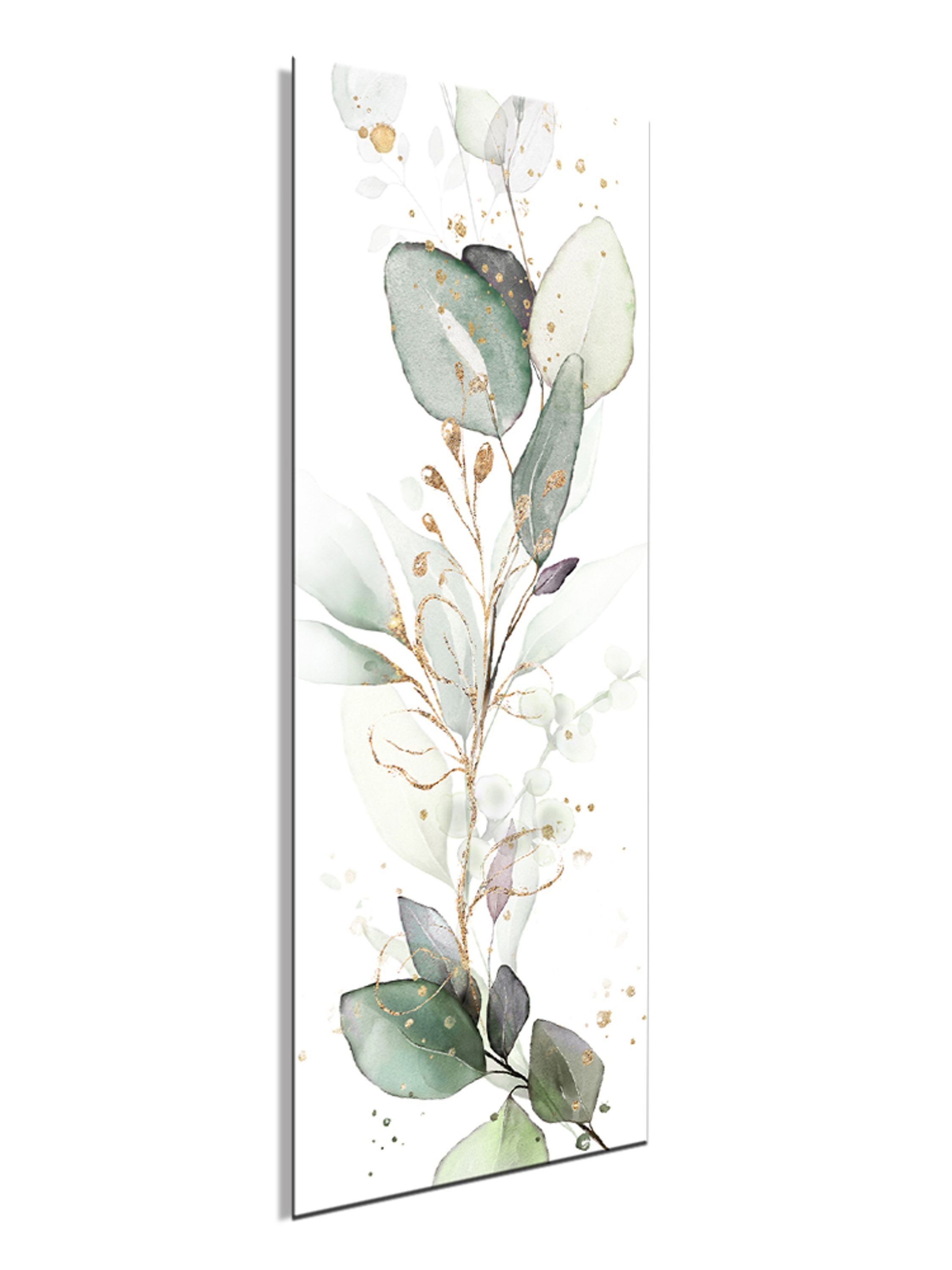 artissimo Glasbild Bild aus Glas 30x80 cm / Wandbild Hochformat / Wanddeko modern, Blumen und Blüten: Eukalyptus Aquarell in salbei grün gold – Bild 3 von 4