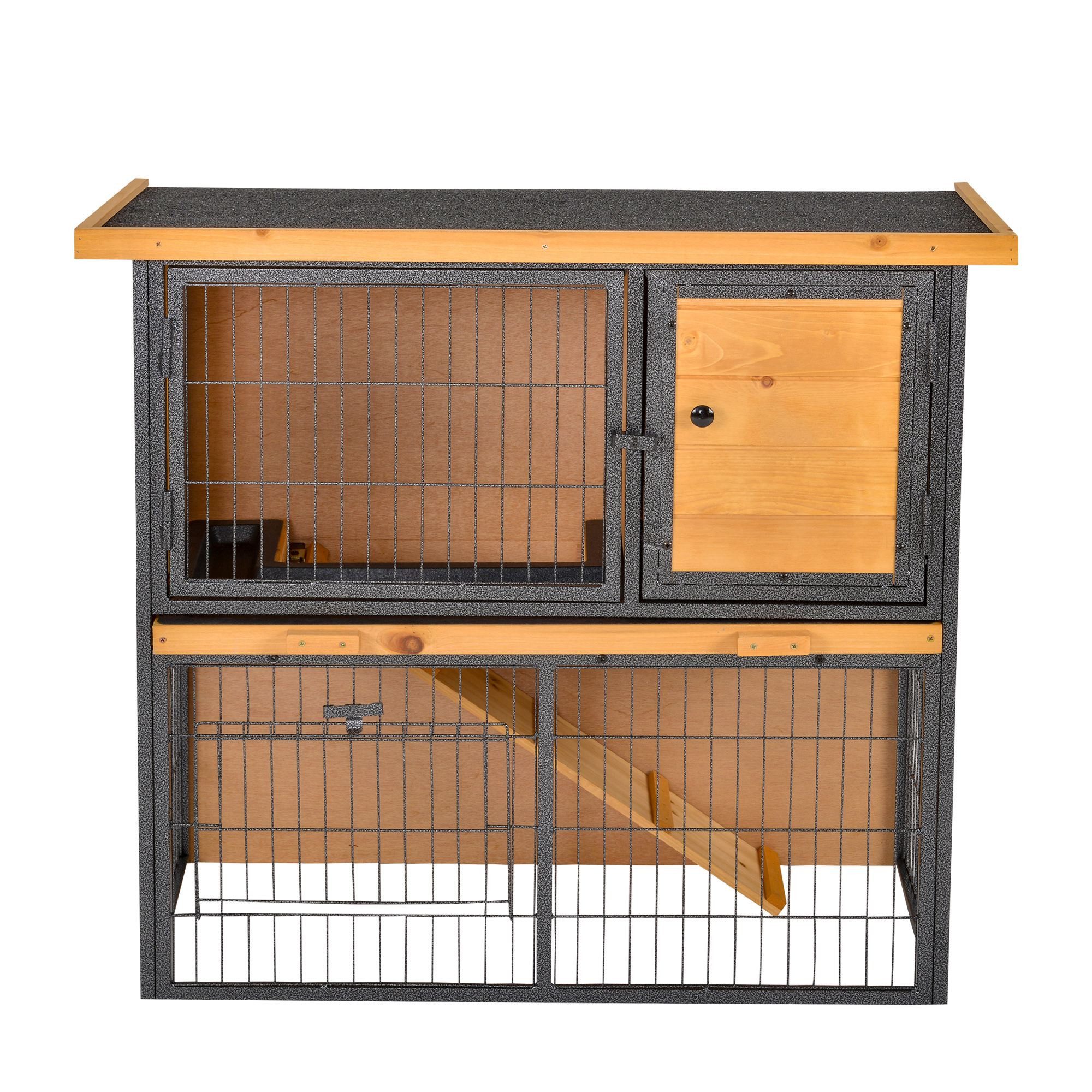 PawHut Kleintierstall aus Holz mit Bitumendach, 2-in-1 Stall & Auslauf, Rampe, Schublade