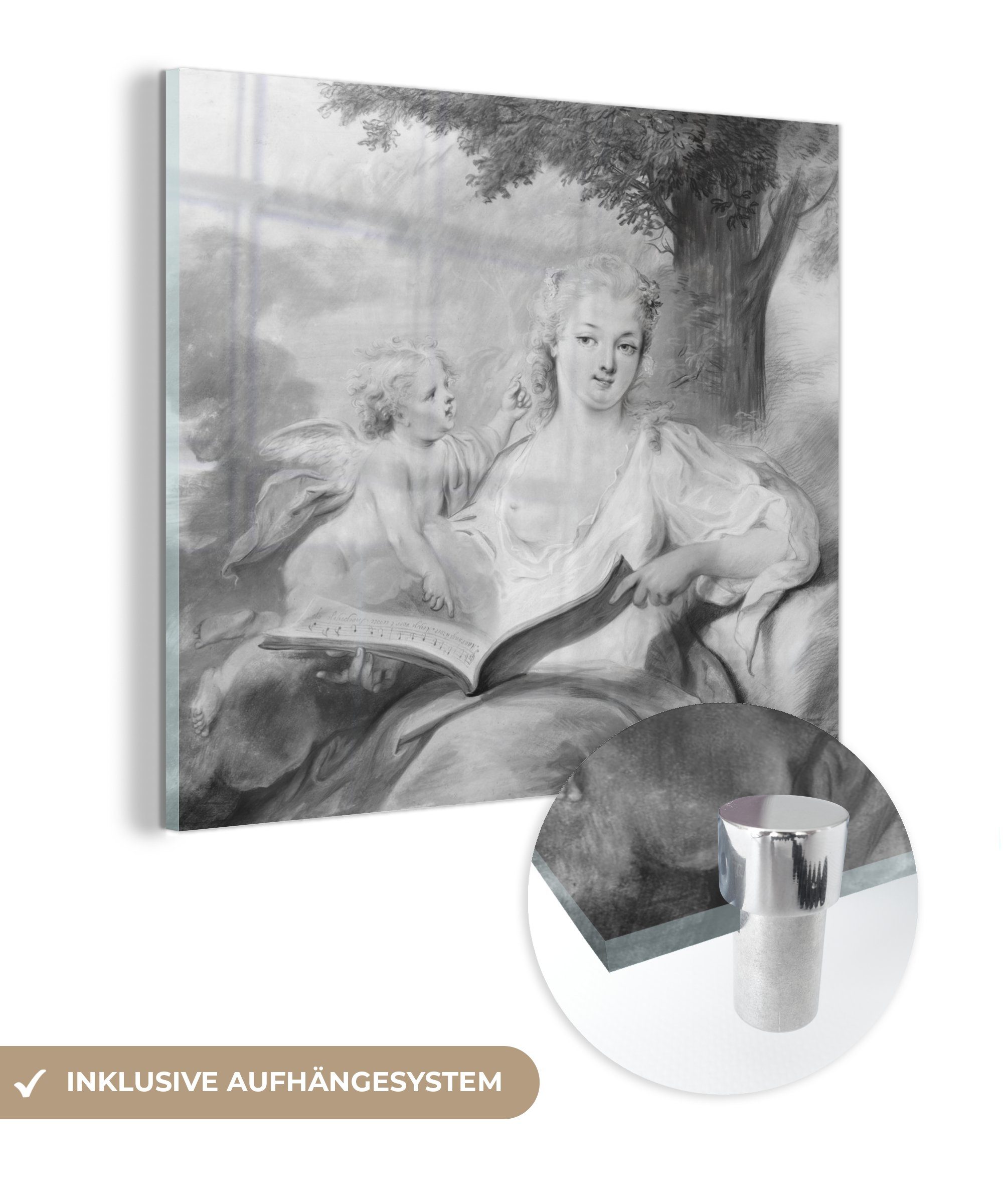 MuchoWow Acrylglasbild Dame mit Amor und einem Liederbuch - Cornelis Troost, (1 St), Glasbilder - Bilder auf Glas Wandbild - Foto auf Glas - Wanddekoration