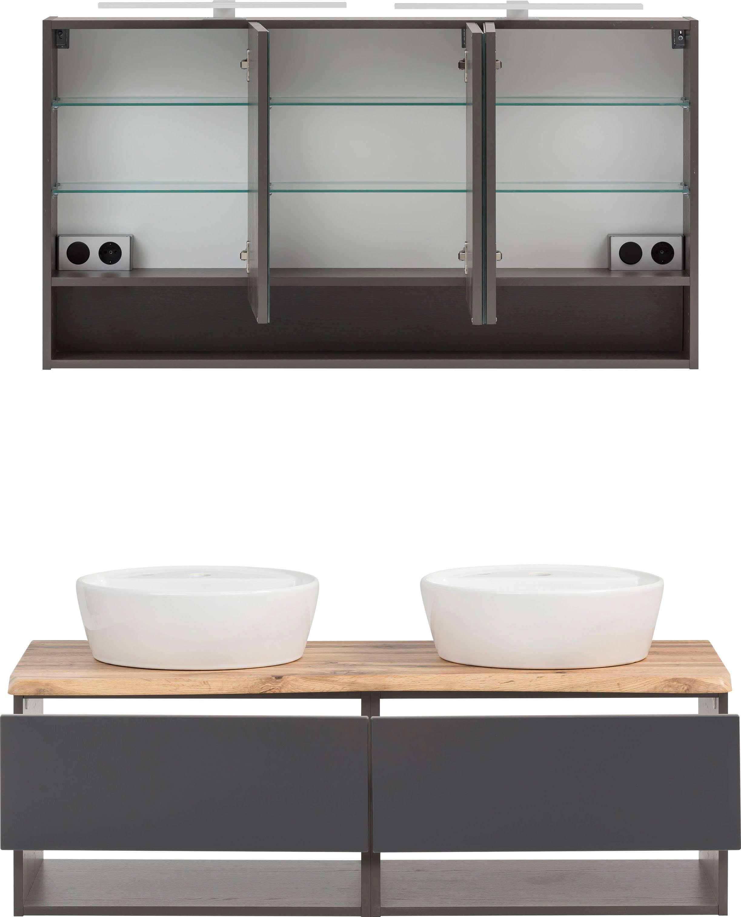 welltime Badmöbel-Set Stubach, (2-St., Spiegelschrank und Waschtisch), Abdeckplatte mit Baumkante
