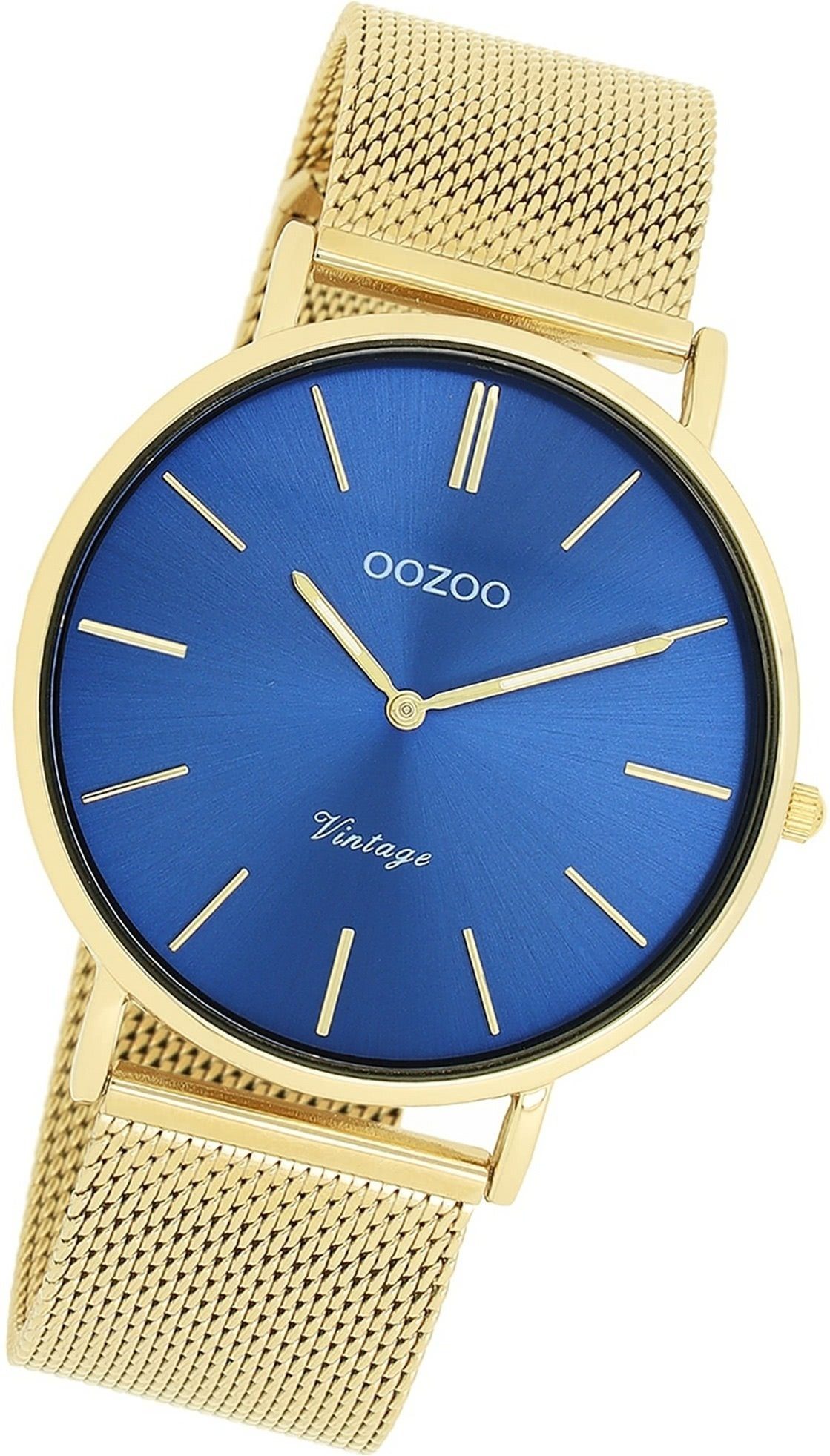 OOZOO Quarzuhr Oozoo Damen Armbanduhr Vintage Series, (Analoguhr), Damenuhr Metall, Mesharmband gold, rundes Gehäuse, groß (ca. 40mm)