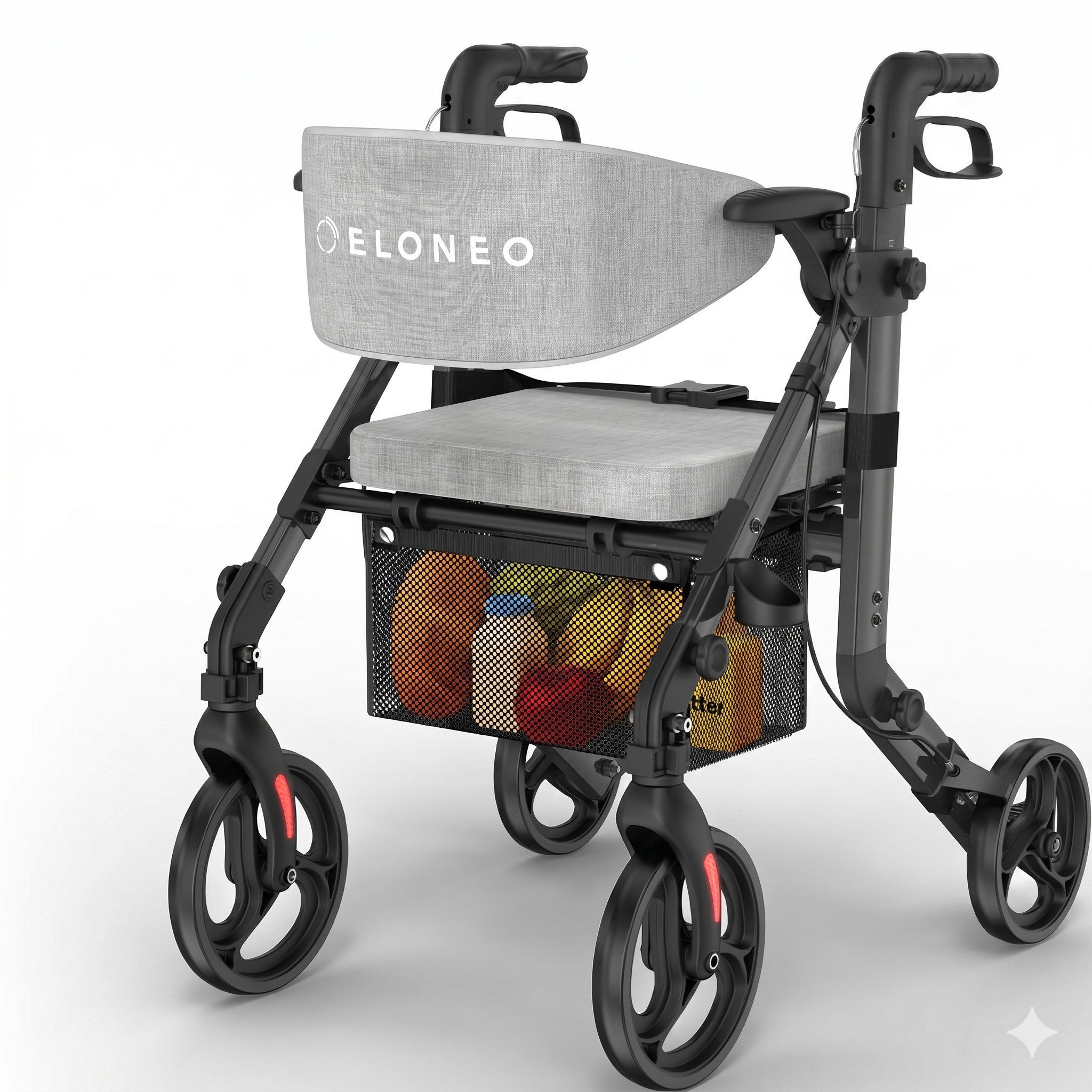 ELONEO Rollator 2in1 Rollator & Rollstuhl, Faltbar und Leicht, Outdoor-Gummireifen, mit Stiz & Netztasche