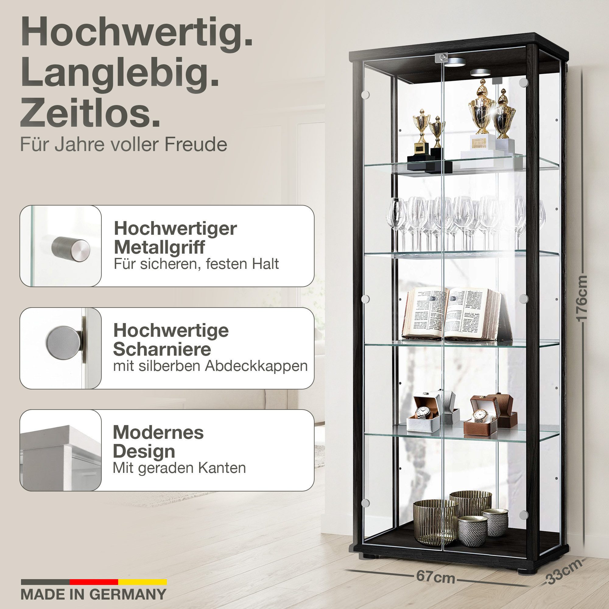 K-Möbel Glasvitrine C1084 (Glasvitrine (176x67x33 cm) mit 2 Glastüren) Glasvitrine stehend