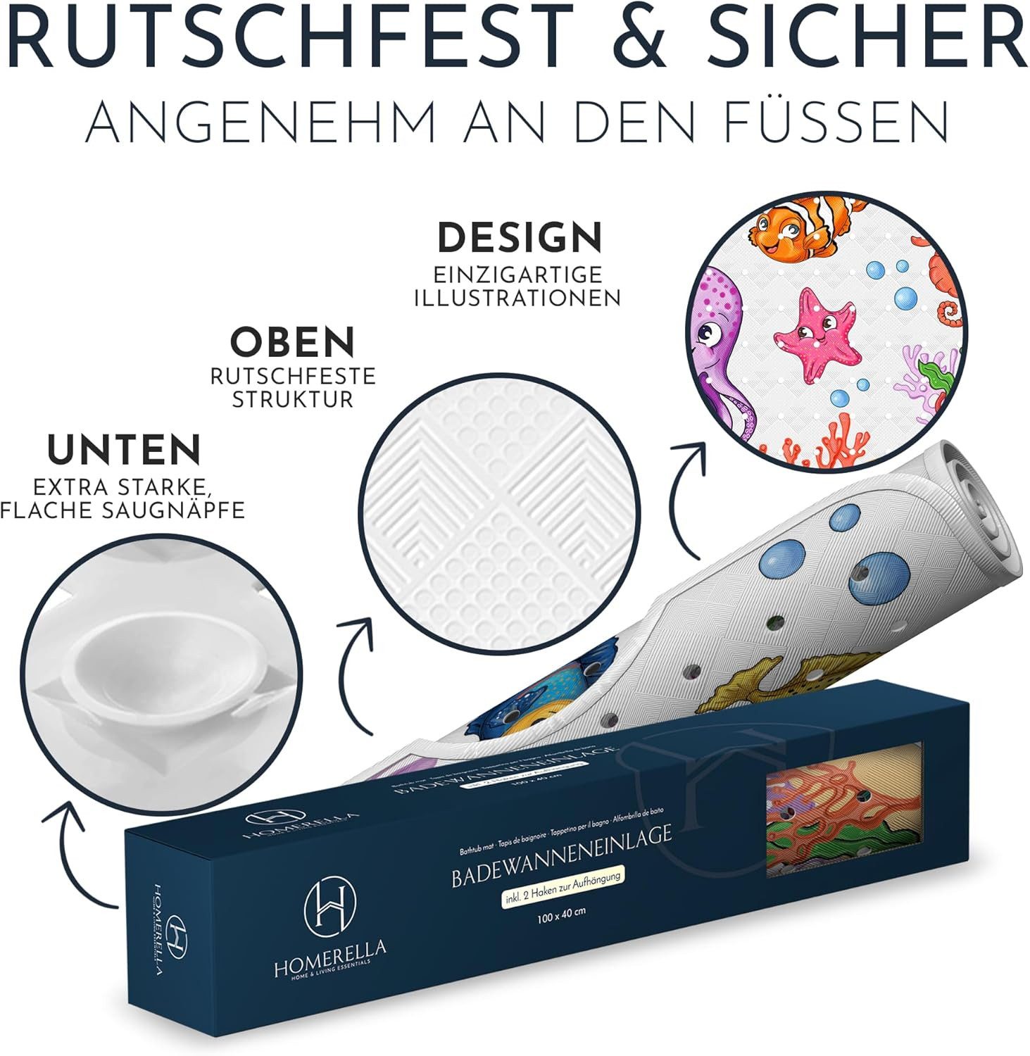 Homerella Badematte rutschfest Kinder - 100% BPA frei Inkl. 2 Haken zum Aufhängen 100x40cm, Antirutschmatte Badewanne Baby hautsensitiv & schimmelresistent, Bad – Bild 4 von 5