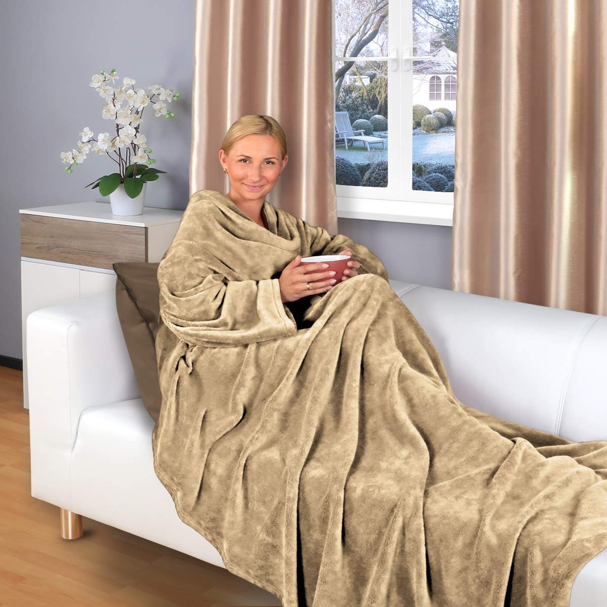 Wohndecke flauschige, tragbare Kuscheldecke mit Ärmeln günstig online kaufen