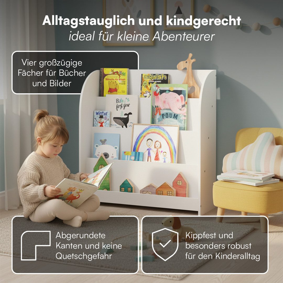 Bellabino Kinderregal Baru mit 4 großzügigen Ablagefächern, weiß, Spielzeugregal 88x30x80 cm, Bücherregal Holz, mit 4 breiten Fächern für Bücher & Spielzeug – Bild 3 von 5