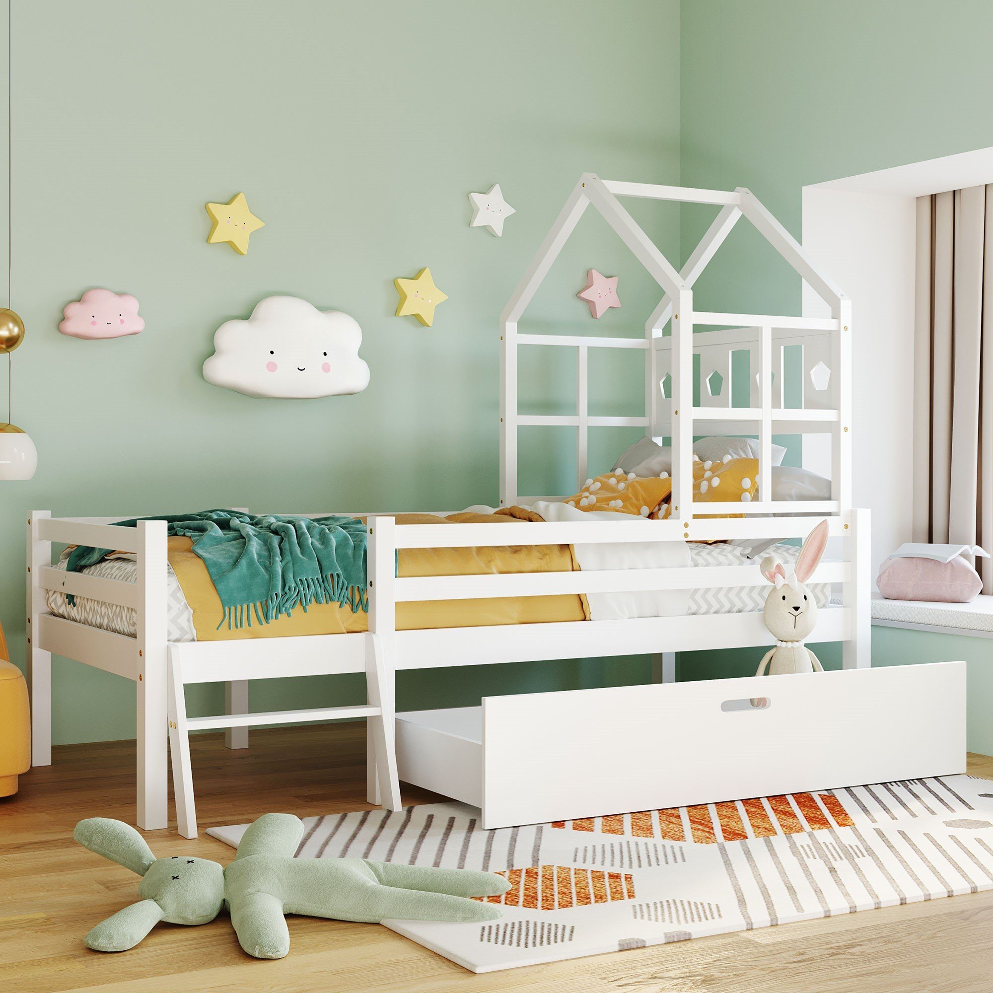 SOFTWEARY Kinderbett Hausbett mit Lattenrost (90x200 cm), Einzelbett inkl. Rausfallschutz, Kiefer