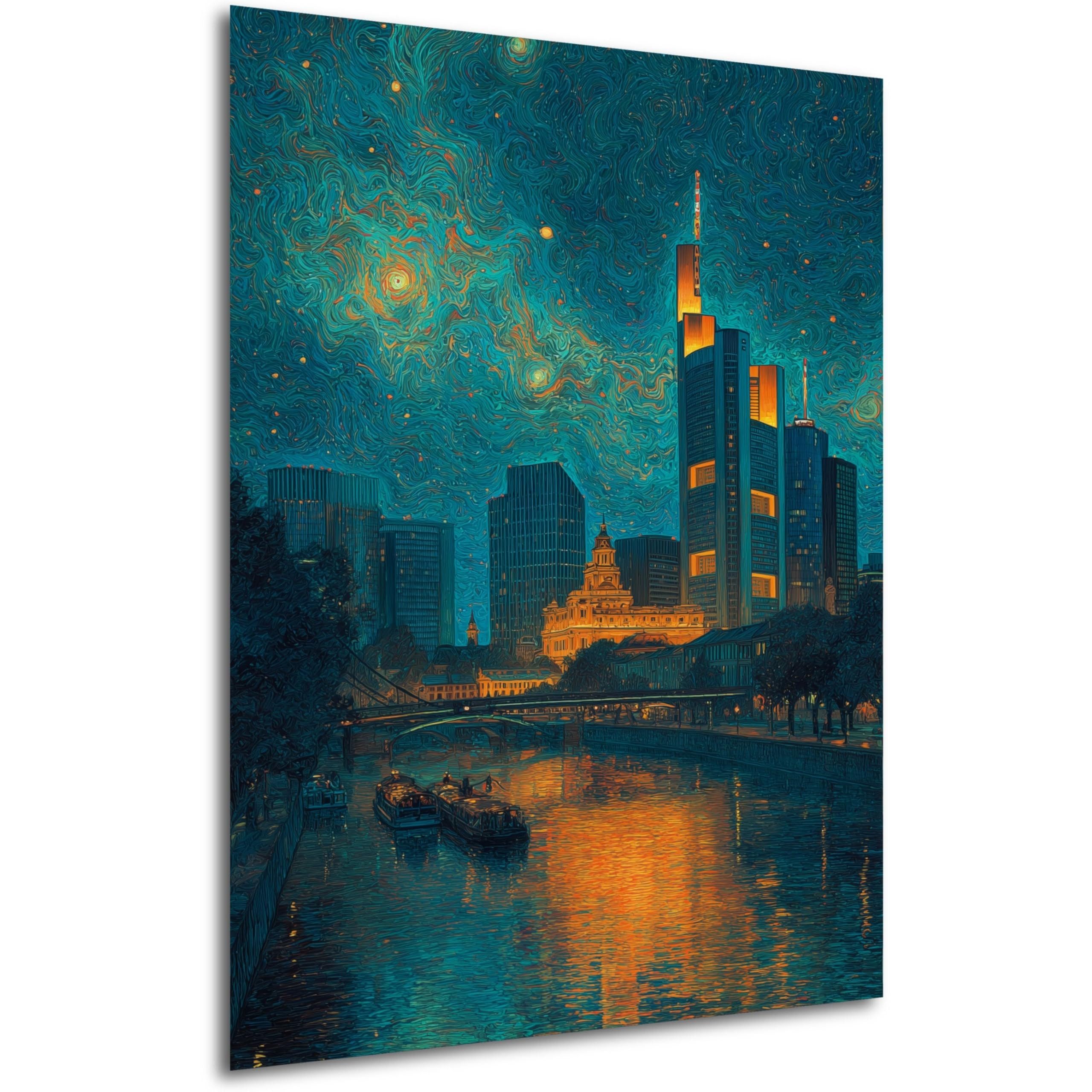 DARO Design Wandbild Frankfurt Wandbilder Wand Deko Bilder Modern Leinwandbild, (Frankfurt unter Sternenhimmel golden beleuchtet - Bild groß XXL Wohnzimmer Büro Flur Schlafzimmer Esszimmer Einteilig Hochformat Fotodruck Städte-Skyline), 84x56 cm