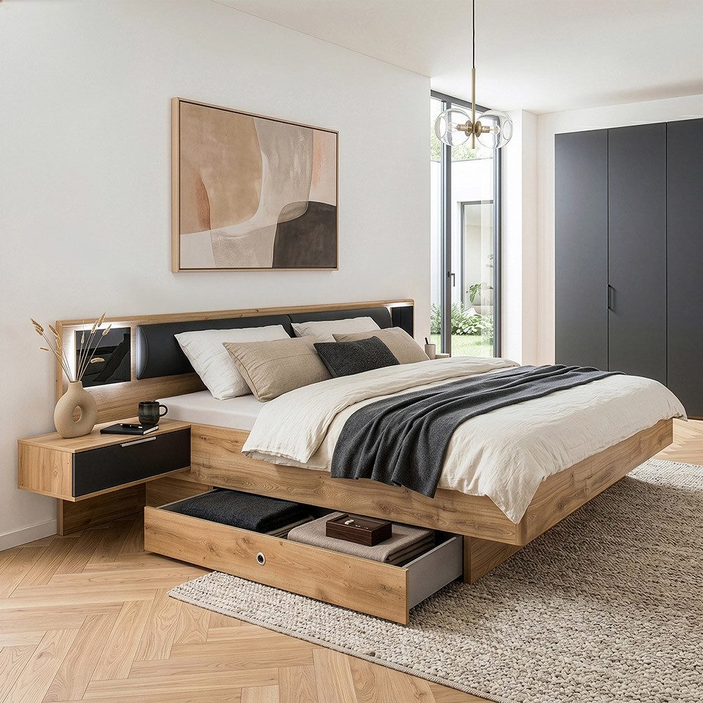 Lomadox Bett VIESTE-43, 180cm, 2 Bettschubladen, 2 Nachttischen, Beleuchtung, graphit/Eiche