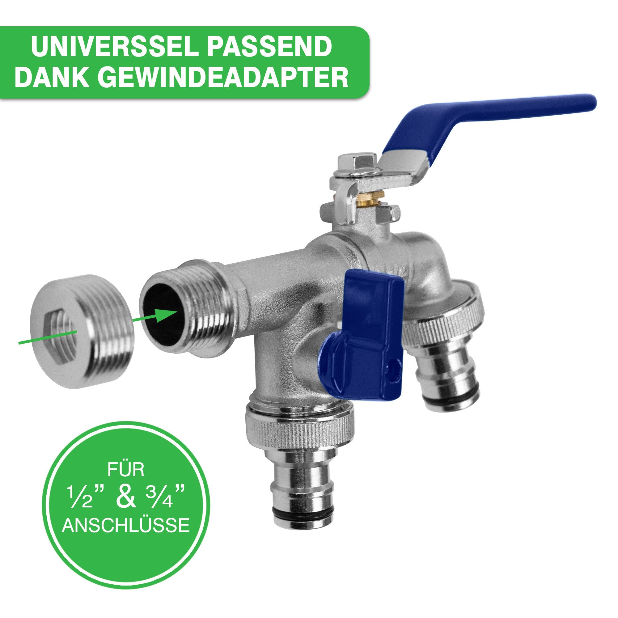 YourCasa Kugelhahn Wasserhahn Garten 1/2 Zoll & 3/4 Zoll aus Messing 2 Abläufe, Messing, Schnellkupplung, Adapter auf 3/4 Zoll