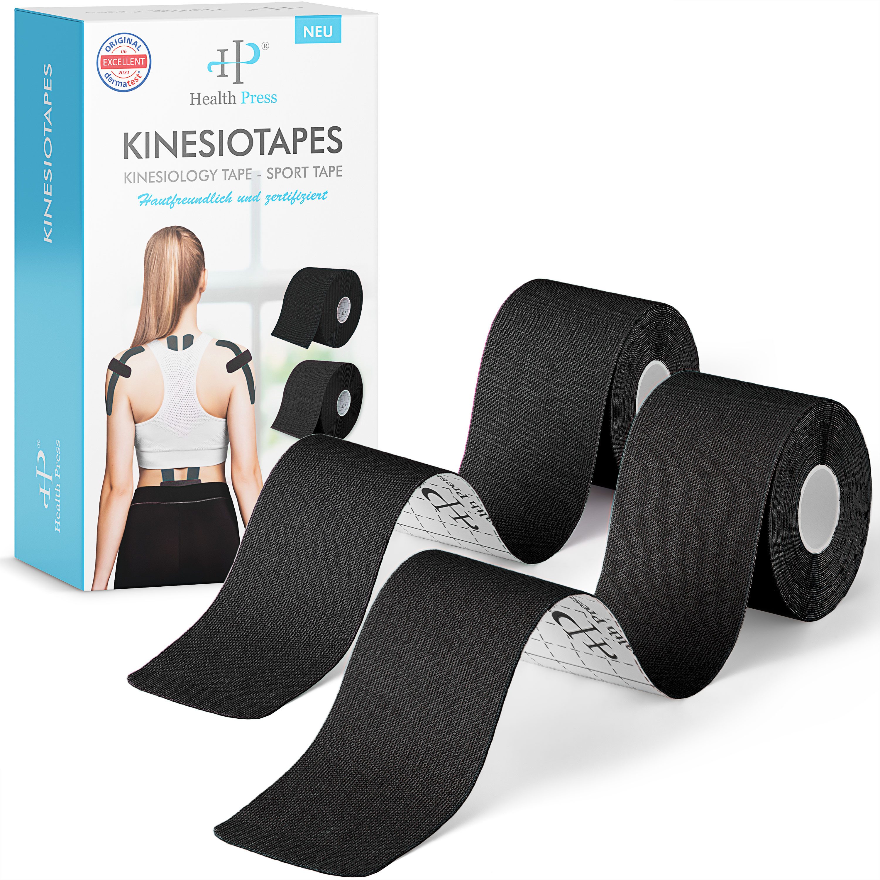 Health Press Kinesiologie-Tape 2 Rollen Profi Physio Tape & Sporttape Hautfreundlich (5cm x 5m) DERMATEST: SEHR GUT