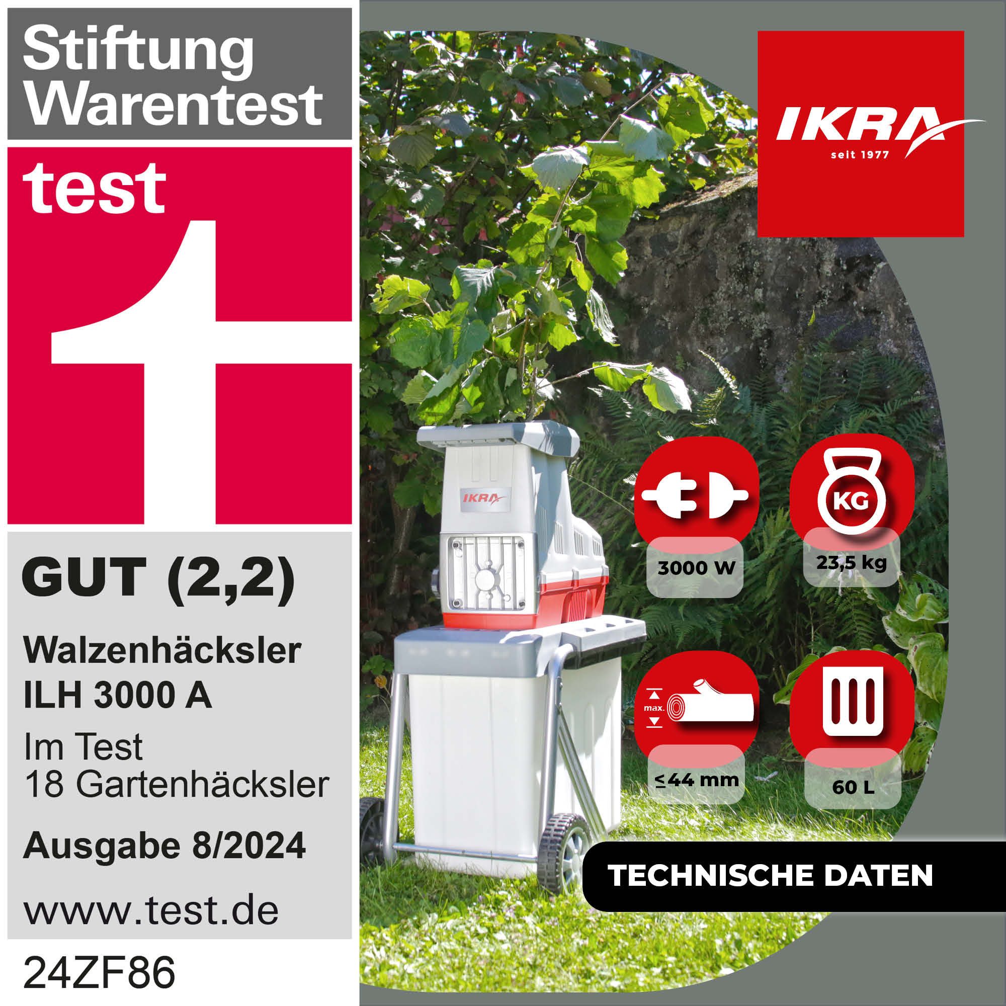 ikra GmbH Häcksler ILH 3000 A, 4,4 cm max. Astdurchmesser, (inkl. Stopfer, Fangkorb, Gartenschere & Schutzbrille), 3000 Watt, leiser Lauf, mit Rücklauffunktion