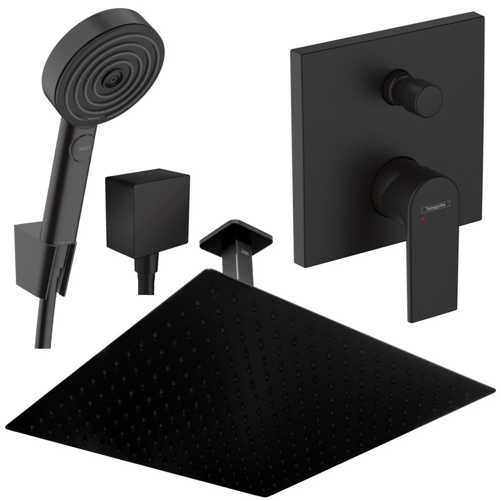 Hansgrohe und Jowi Duscharmatur Duscharmatur Vernis Schwarz Unterputz Kopfbrause mit Deckenanschluss (Unterputz-Duschsystem, Set) Mattschwarz