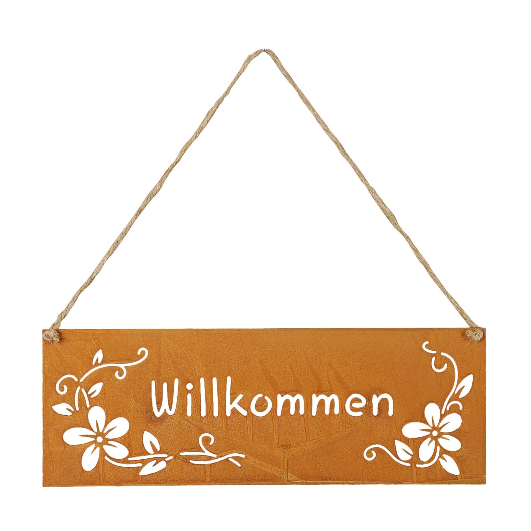 Garten-Deko Willkommen Dekohänger, Rost Metall Schild Levandeo® Außen 25x9cm Blumen