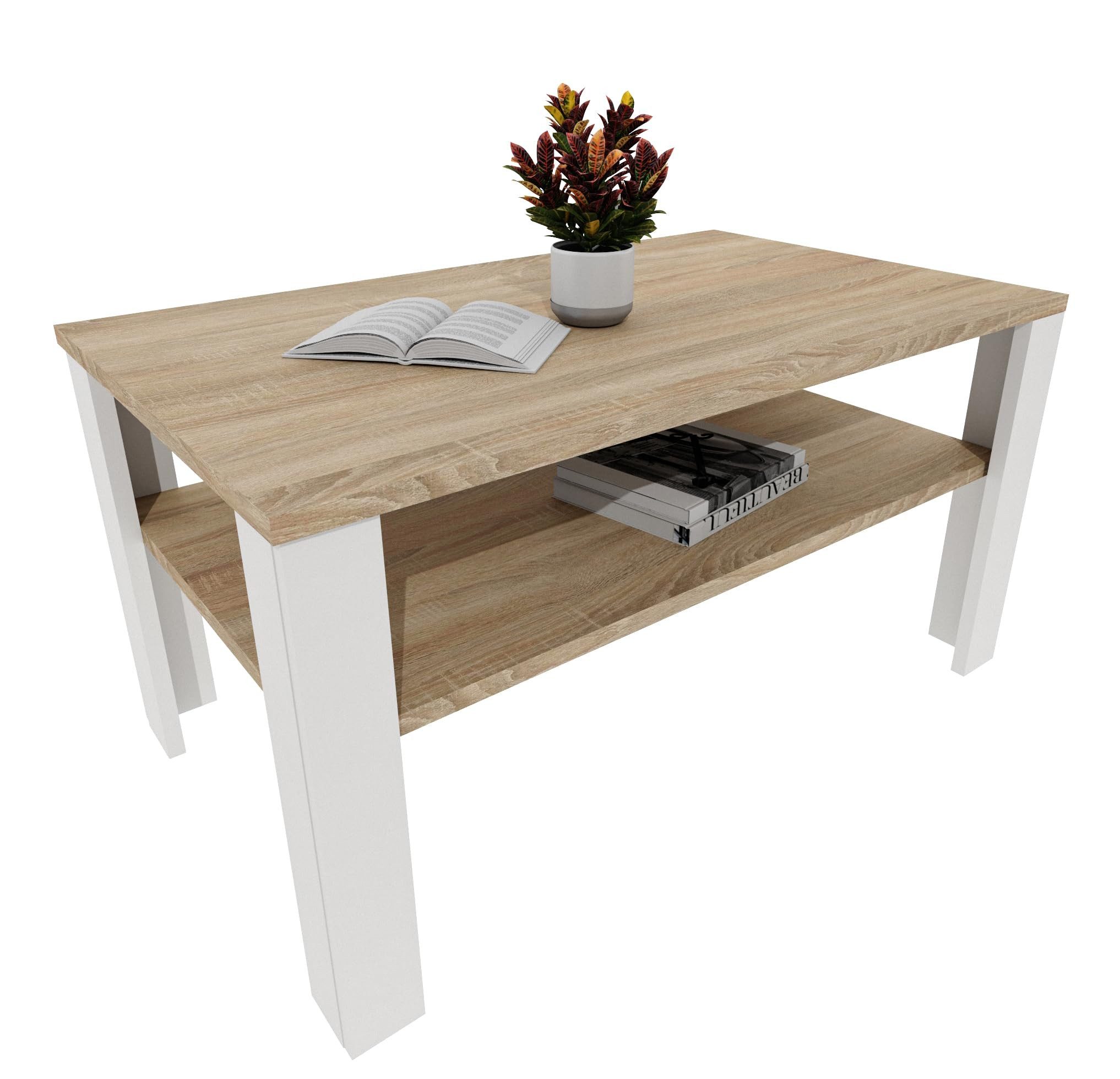 TREND WERK Couchtisch mit zusätzlicher Ablagefläche in 53×53×47 cm und 92×50×45 cm (Moderner Wohnzimmertisch im Retro Loft Design), Stabiler Beistelltisch für Wohnzimmer, Büro & Lounge