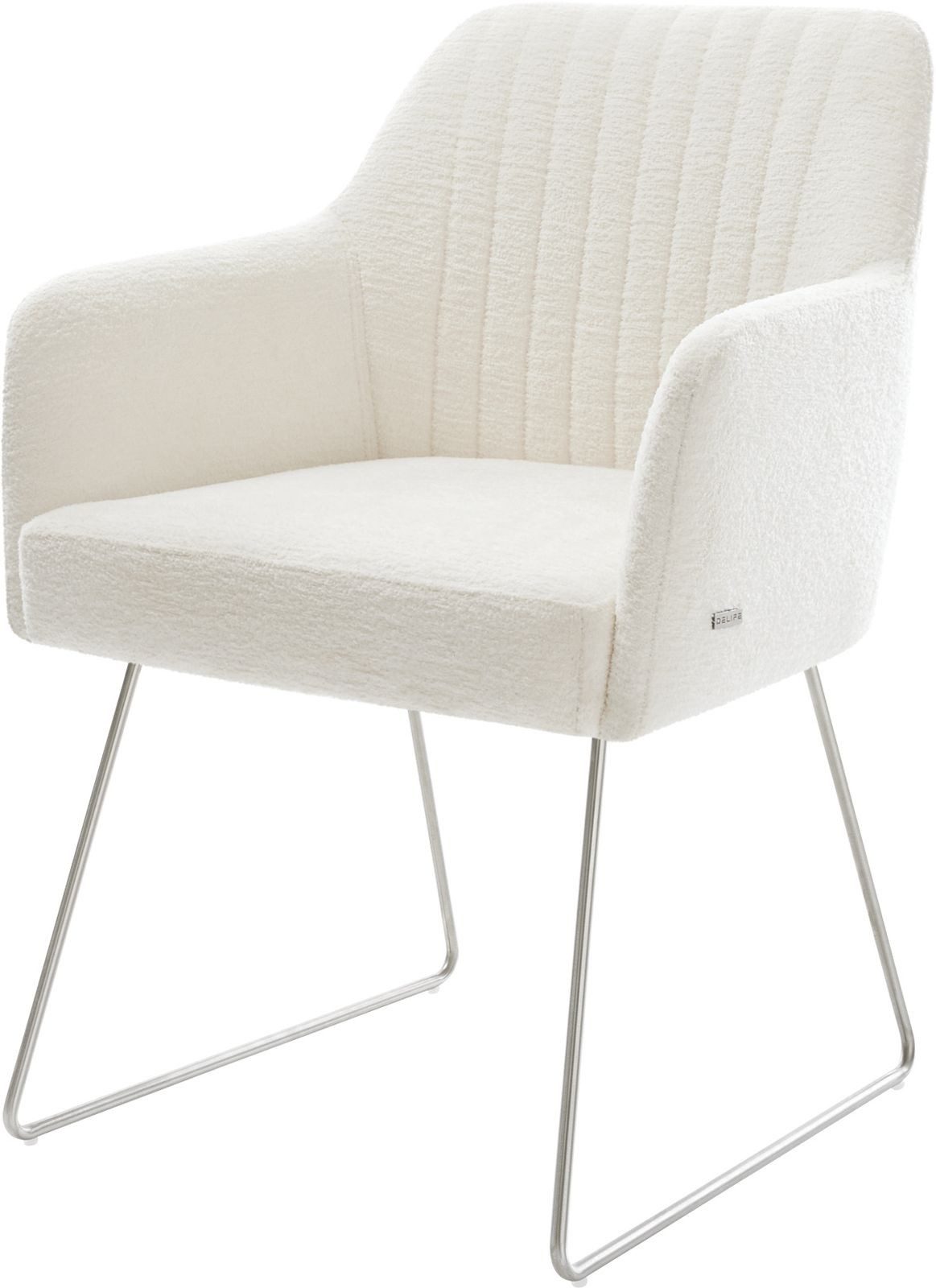 DELIFE Polsterstuhl Greg-Flex, Kufengestell Edelstahl Bouclé Soft Beige Taschenfederkern