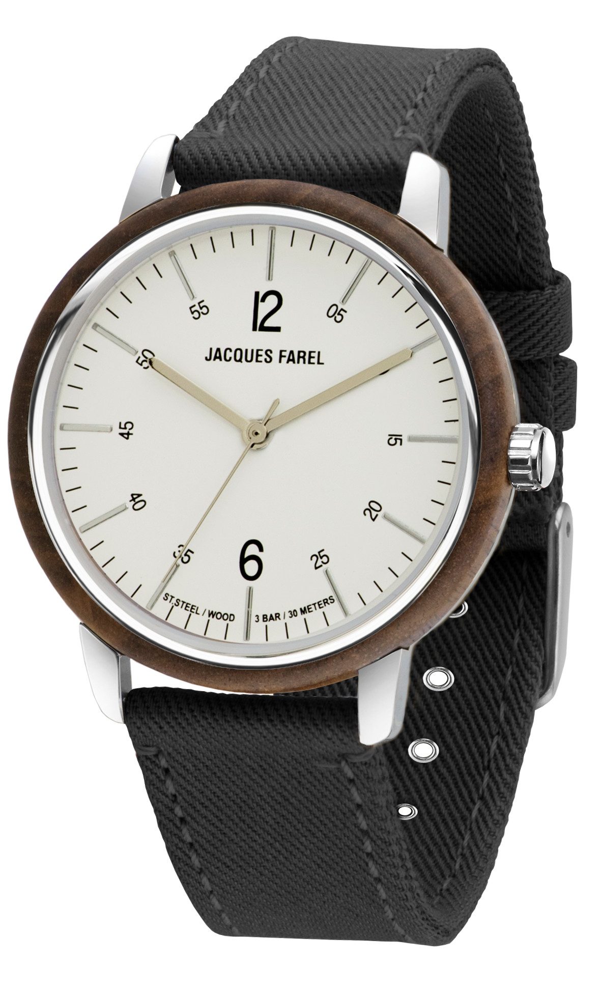 Jacques Farel Quarzuhr ORW1040 nachhaltige Damen Armbanduhr Stahlgehäuse Holzring Lyocellband 3 bar, Analog Schwarz Dunkelbraun ökologisch Geschenk Frauen Ø38 mm
