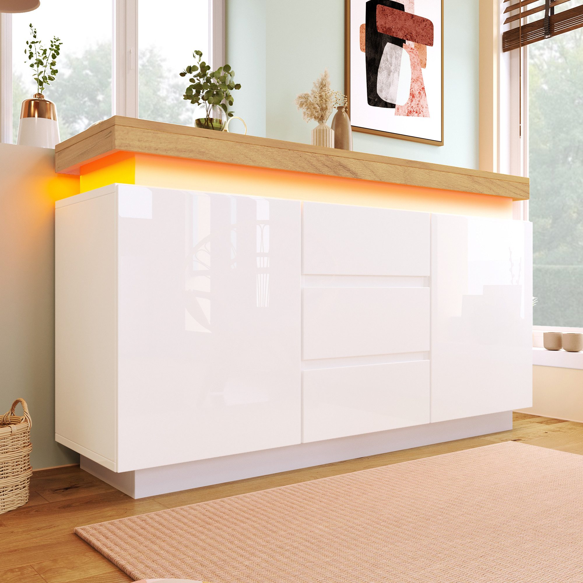 Flieks Kommode Hochglanz Weiß Sideboard mit LED und verstellbare Ablagen (1 St., für Wohnzimmer, Schlafzimmer und Esszimmer), Mehrzweckschrank mit 2 Türen und 3 Schubladen, Breite 140 cm