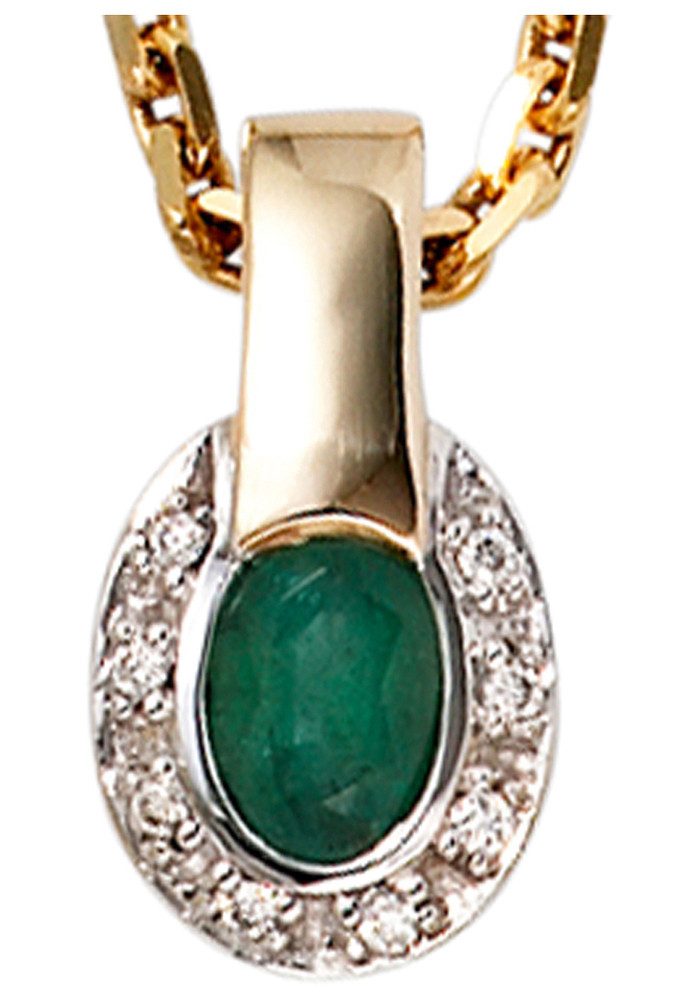 JOBO Kettenanhänger Kleiner Anhänger oval, 585 Gold mit Smaragd und 8 Diamanten