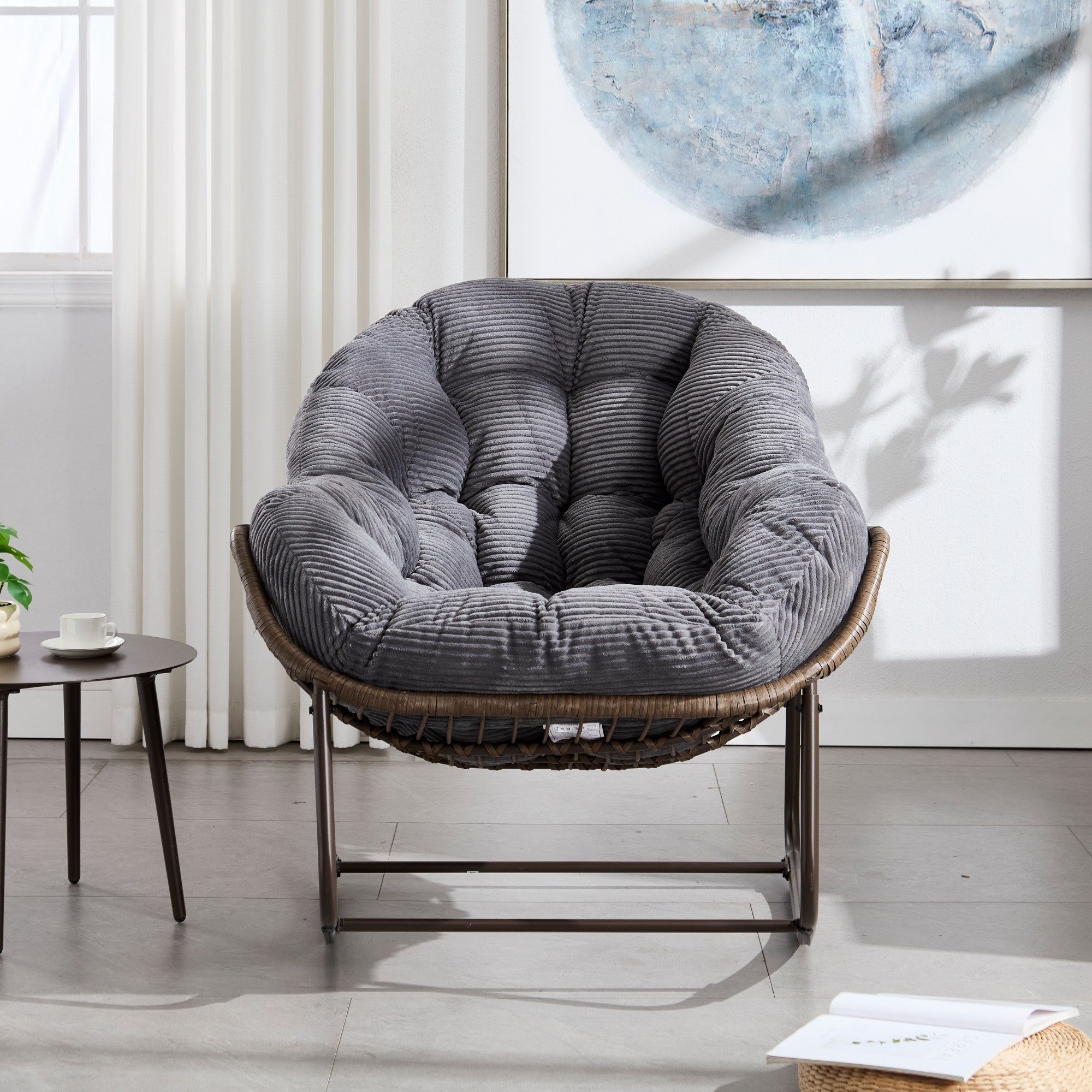 LVHOM Schaukelstuhl dick/gepolsterte Kissen, Rattanstuhl mit Stahlrahmen, Lounge Sessel (Großformat B110.5xT94.5xH80cm,160kg Tragfähigkeit,Dicke Kissen, MEHRE F – Bild 4 von 5