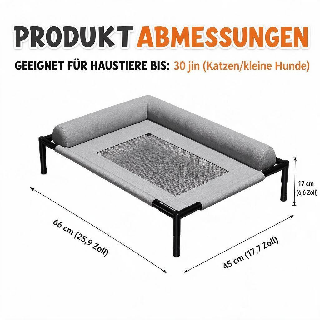 Hausprofi Tierbett Hund Erhöhtes Hundebett Outdoor für Kleine und Mittelgroße Hunde, Velours & Eisengestell, mit L-förmiges Nackenkissen, Atmungsaktive, 66×45×17cm Grau