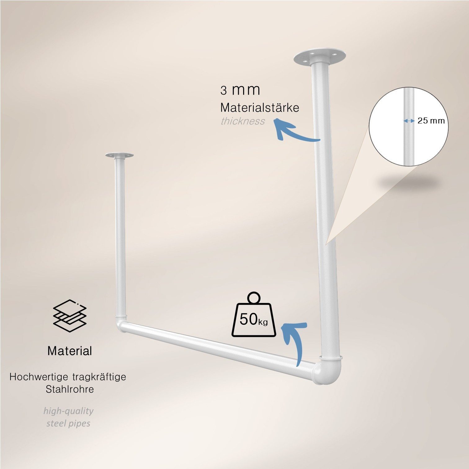 RSR Hangers Kleiderstange Milow Weiß Garderobe Garderobenstange U-Form – Bild 2 von 3