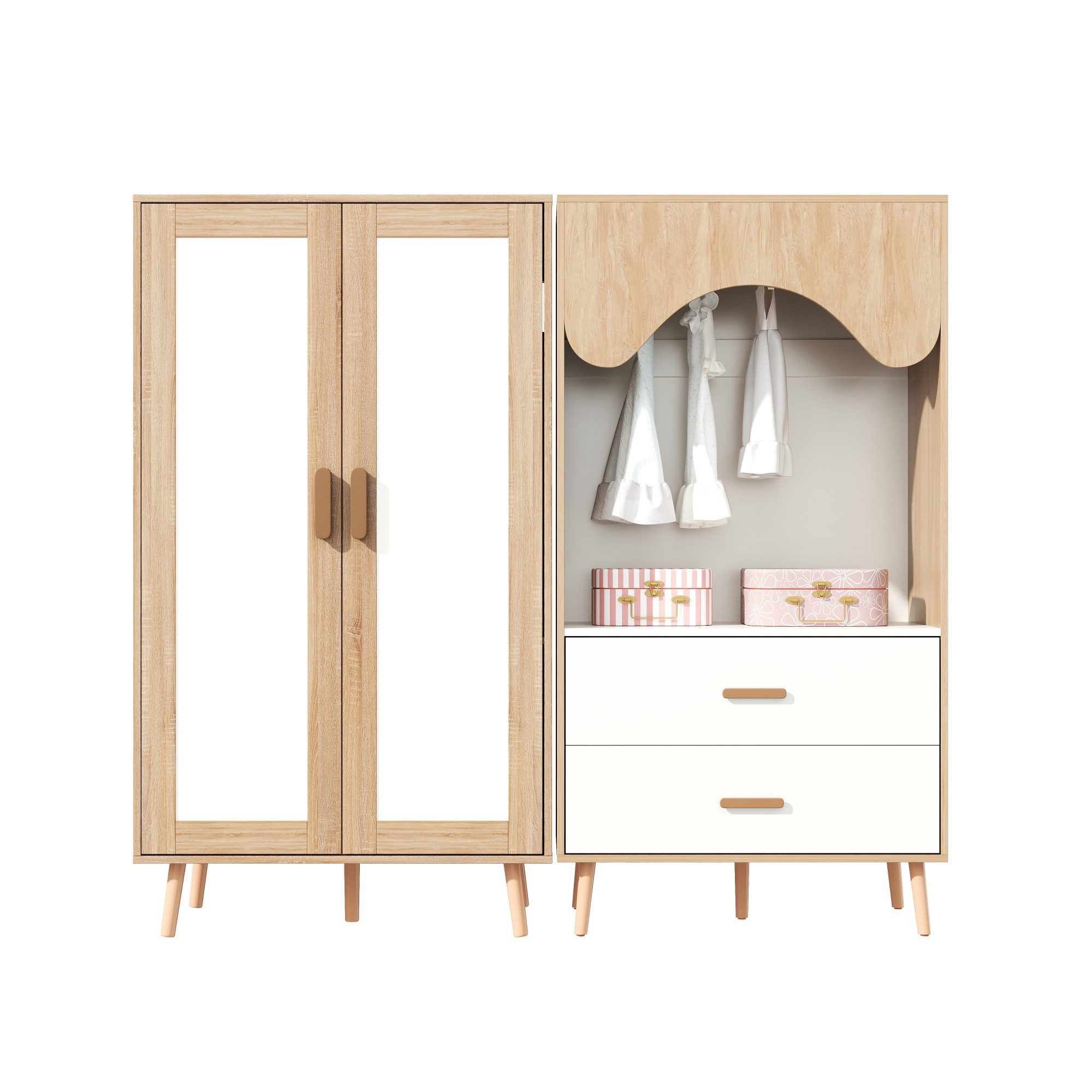 HAUSS SPOLE Kleiderschrank 2-tlg mit Kleiderstange,Garderobe Kleiderschrank mit Schubladen,Holz (Doppel-Schrank-Design mit offenem und geschlossenem Stauraumsystem, 2-St) 160x46x141,5 cm,Weiß und Holzfarbe kombiniert
