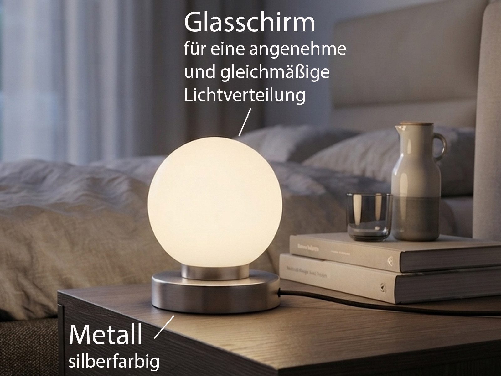 Reality Leuchten LED Nachttischlampe touch Kugel-Lampe, Höhe 15cm, dimmbar, LED wechselbar, Warmweiß, kleine Tischlampe mit Glas-Kugel, Tischleuchte inkl. E14 L – Bild 5 von 5