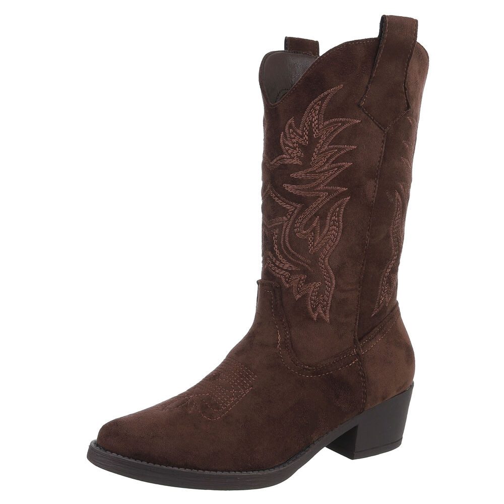 Ital-Design Bequemer Schlupfschuh für Damen mit stilvollem Design Westernstiefel (90927432) Blockabsatz Stiefel in Dunkelbraun