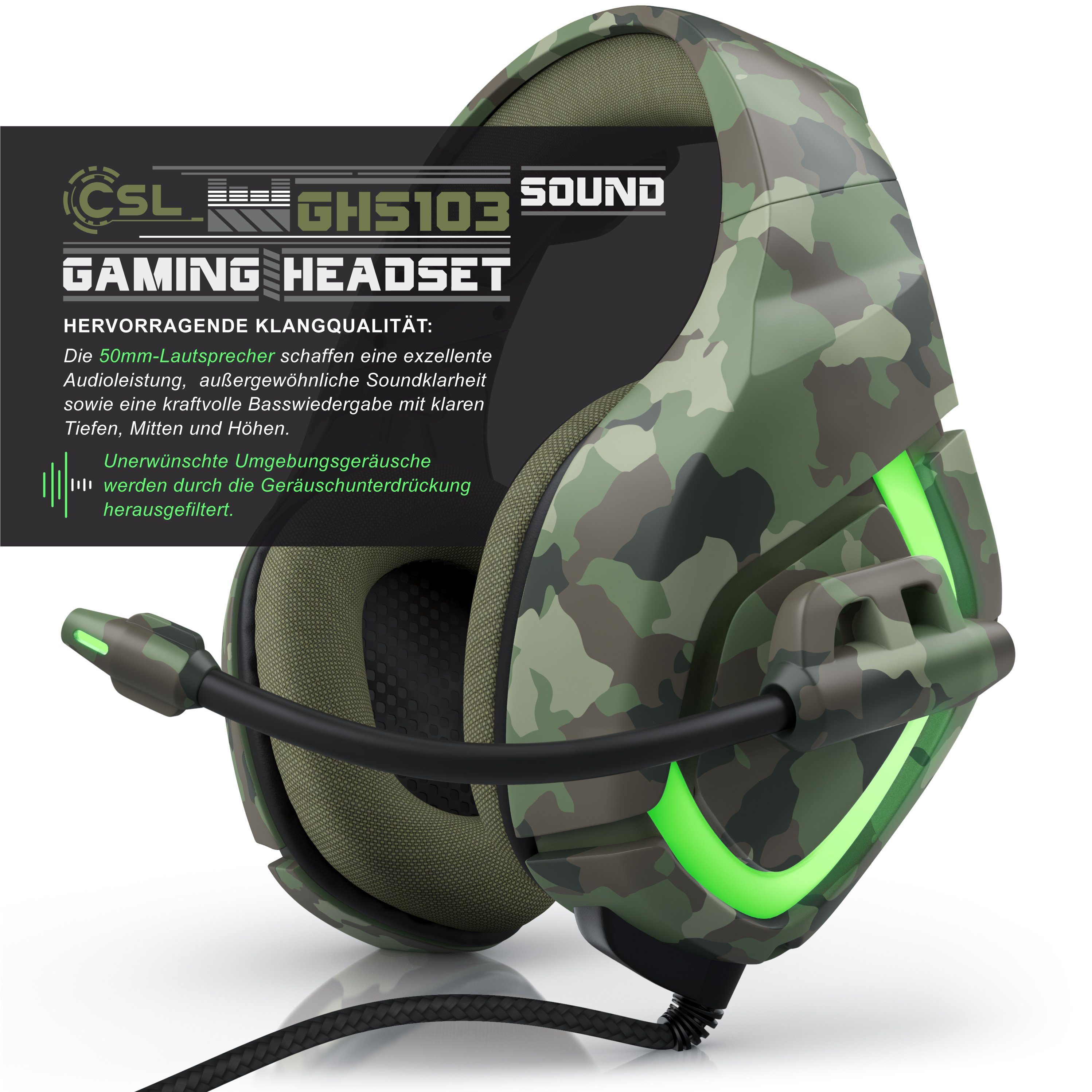 CSL USB "GHS-103" mit Mikrofon, Kopfhörer für PC, PS4 / 4 Pro Gaming-Headset (Gaming Headset kabelgebunden, Over-Ear Kopfhörer, Camouflage Design)