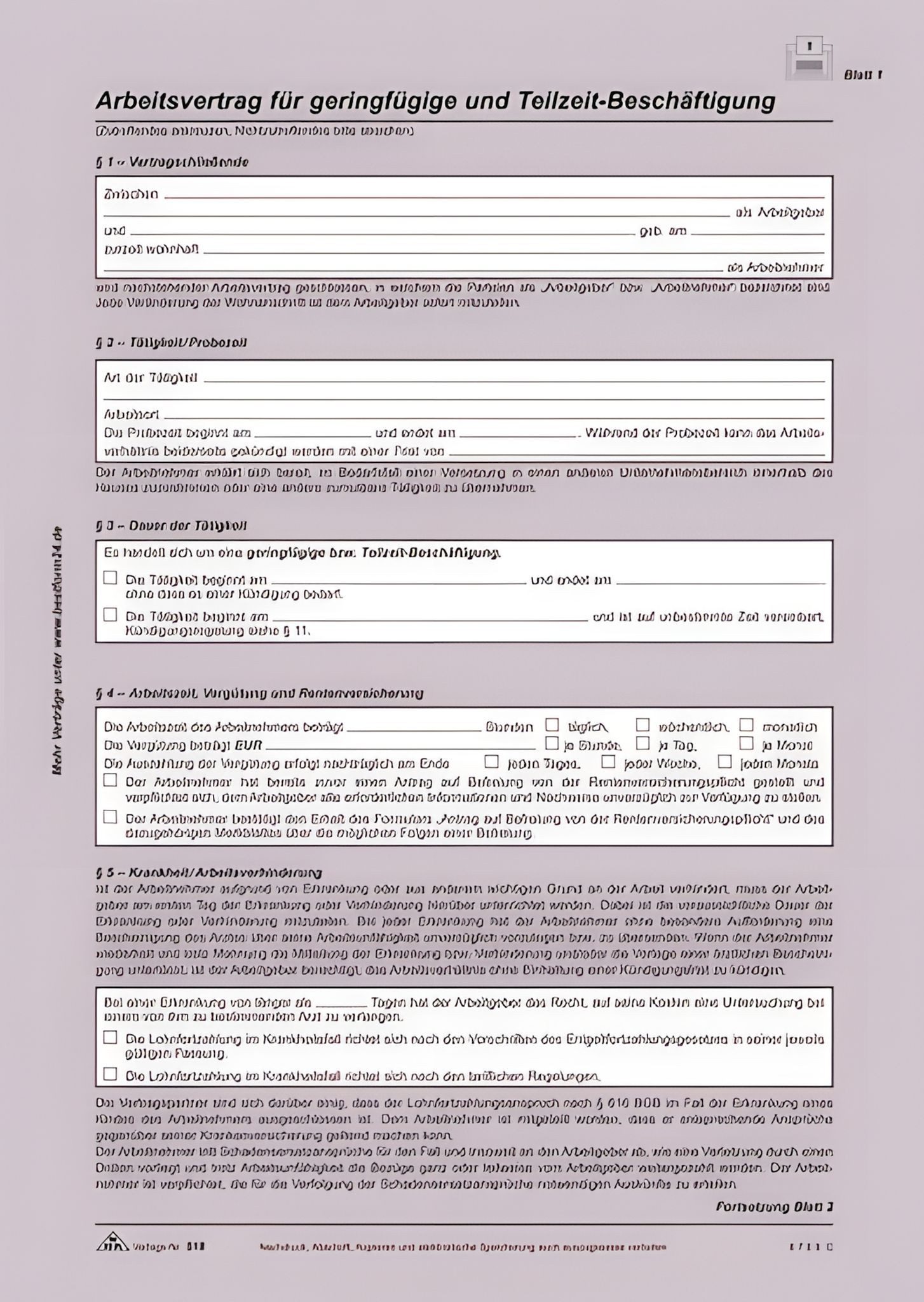 RNK Formularblock RNK Arbeitsvertrag A4 SD 2x2 Bl geringfügig-/Teilzeit-Beschäftigte