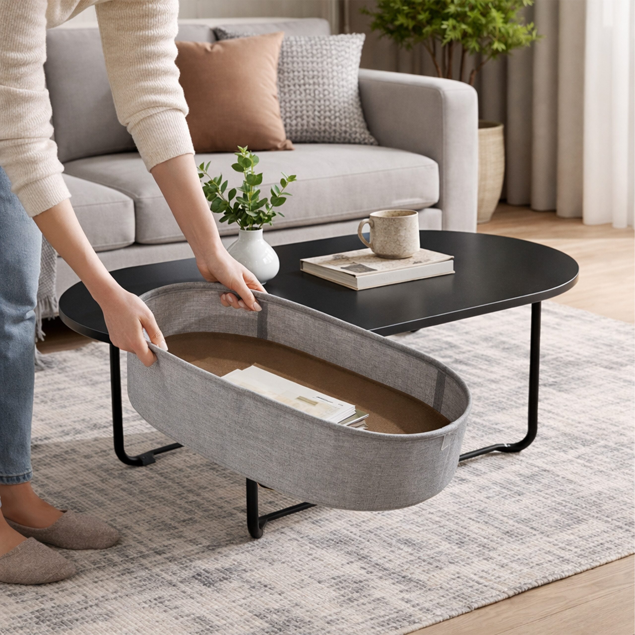 relaxdays Couchtisch Ovaler Couchtisch mit Stauraum (1-St), Schwarz-Dunkelgrau – Bild 5 von 5