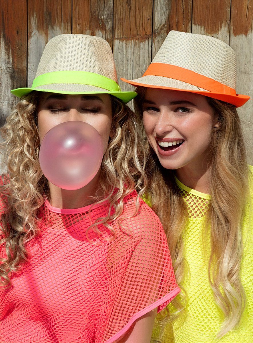 Boland Kostüm Kurzarm Netzhemd neon-gelb, Blickdichtes Tanktop mit übergestülptem Netzshirt
