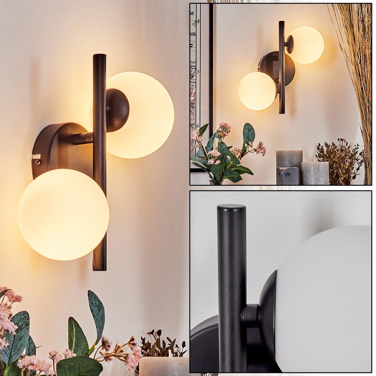 hofstein Wandleuchte Wandlampe aus Metall/Glas in Schwarz/Weiß, ohne Leuchtmittel, Leuchte mit Glasschirmen, An/-Auschalter, 2xG9, ohne Leuchtmittel